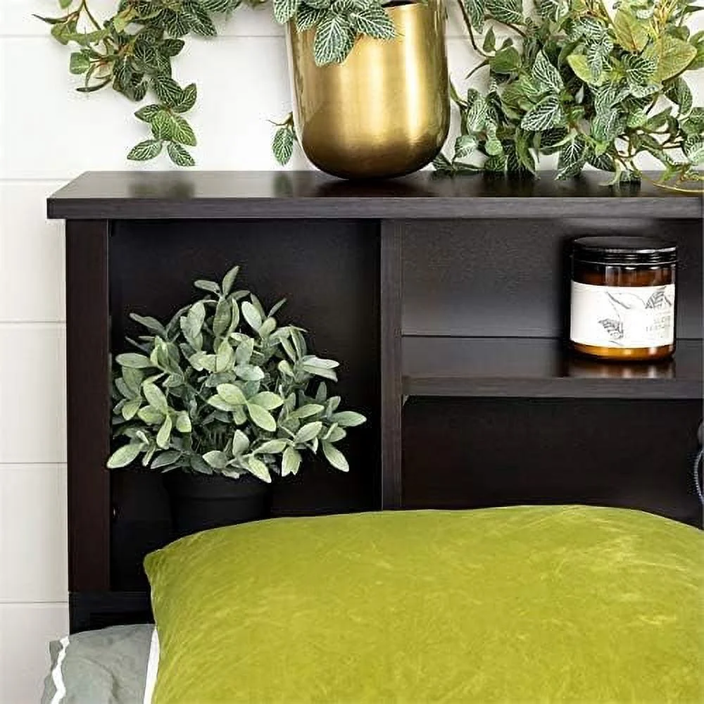 Modern Wood Storage Headboard/Wide Open Shelves/Queen Size/Dark Brown