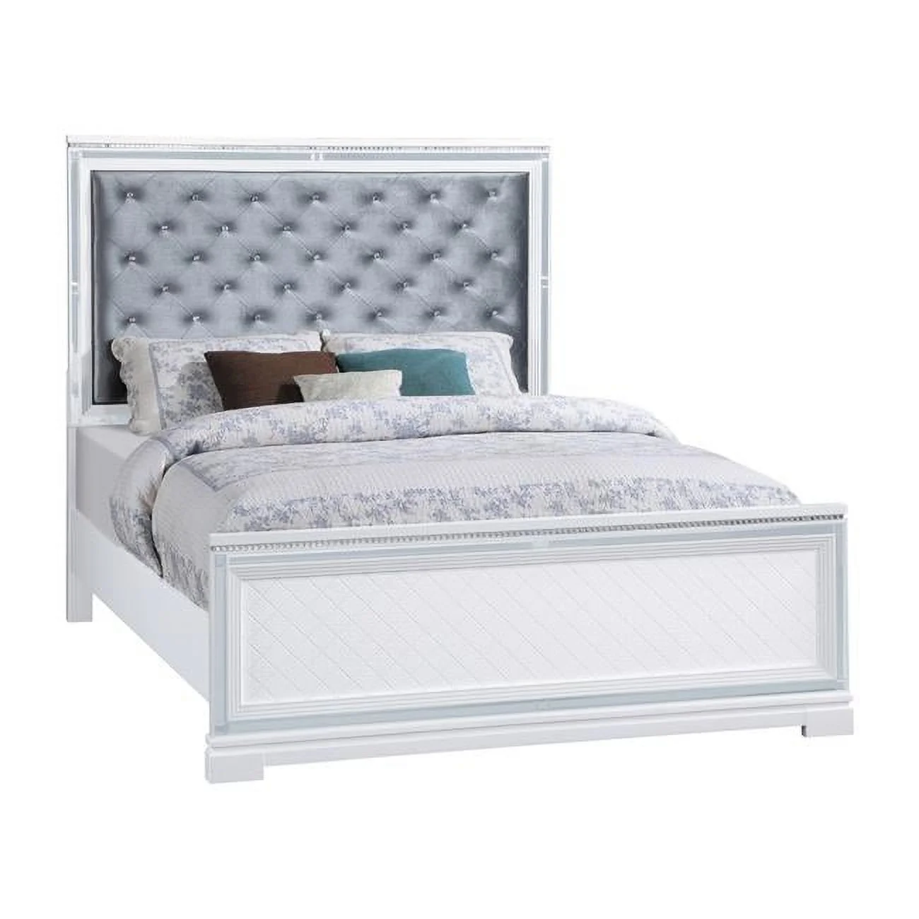 Benjara BM302859 Axl Tufted Headboard California King Size Bed, Silver Velvet Upholstery & White