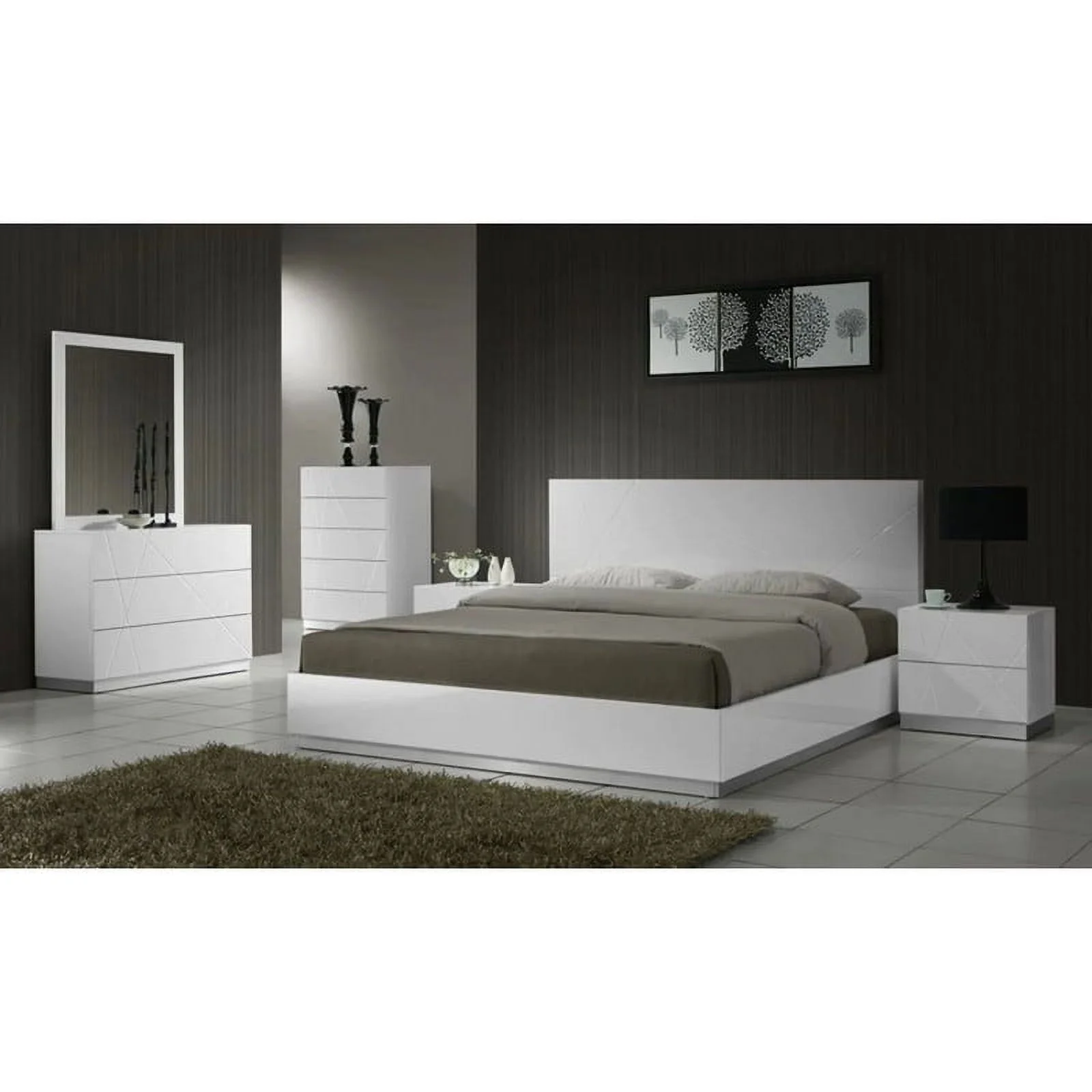 Naples 5-Piece Modern Bedroom Set, White, Queen