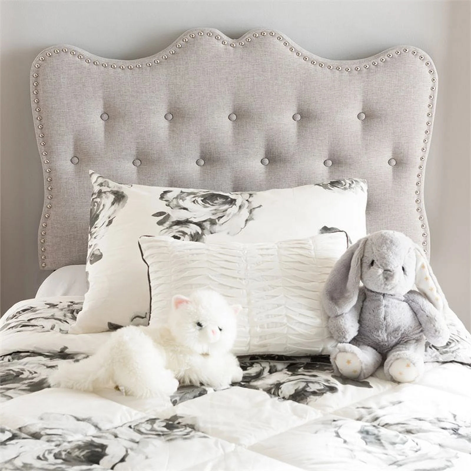 Bowery Hill Modern Tufted Twin Panel Headboard in Grayish Beige