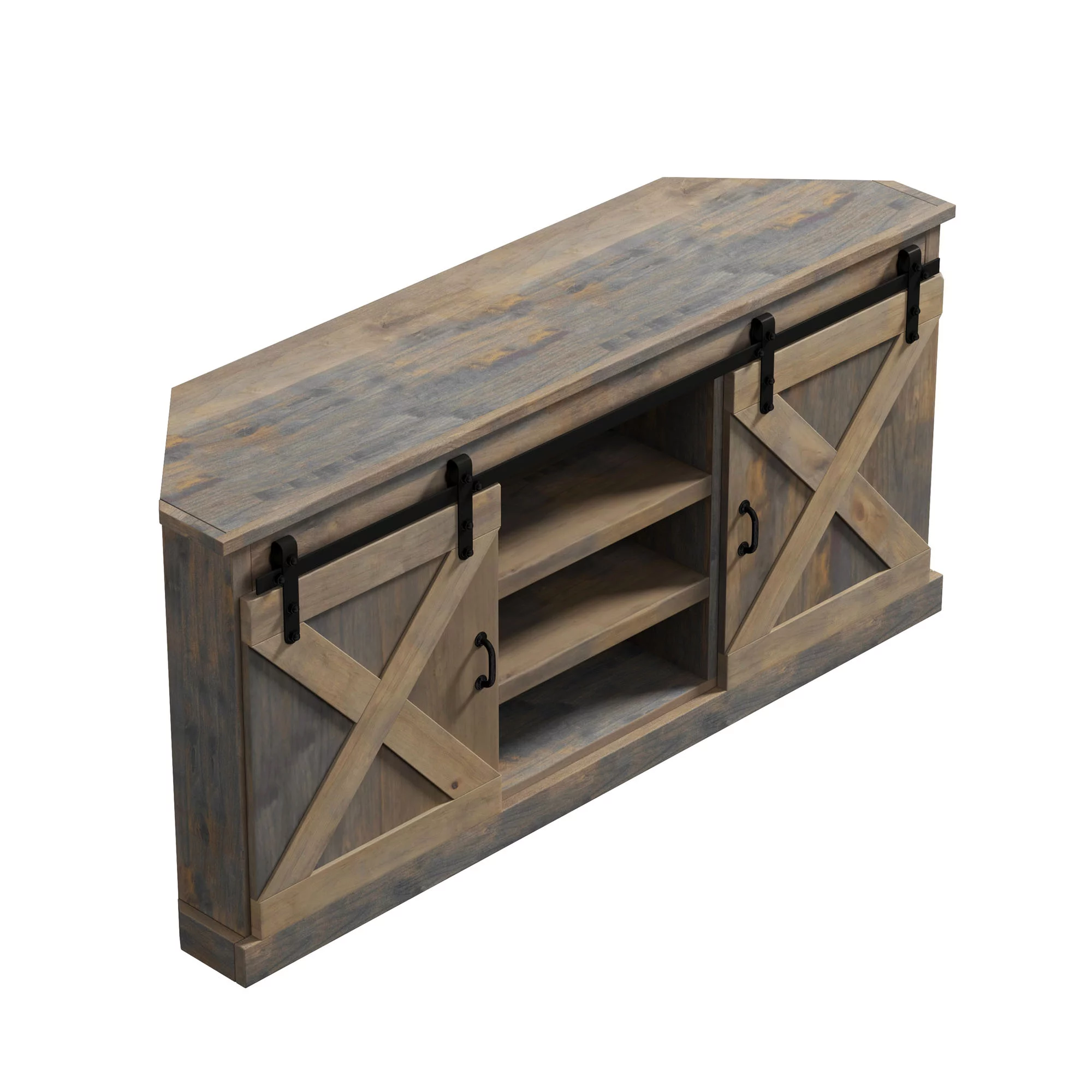 Bridgevine Home Modern Farmhouse Fully Assembled Corner TV Stand with Sliding Barn Style Doors
