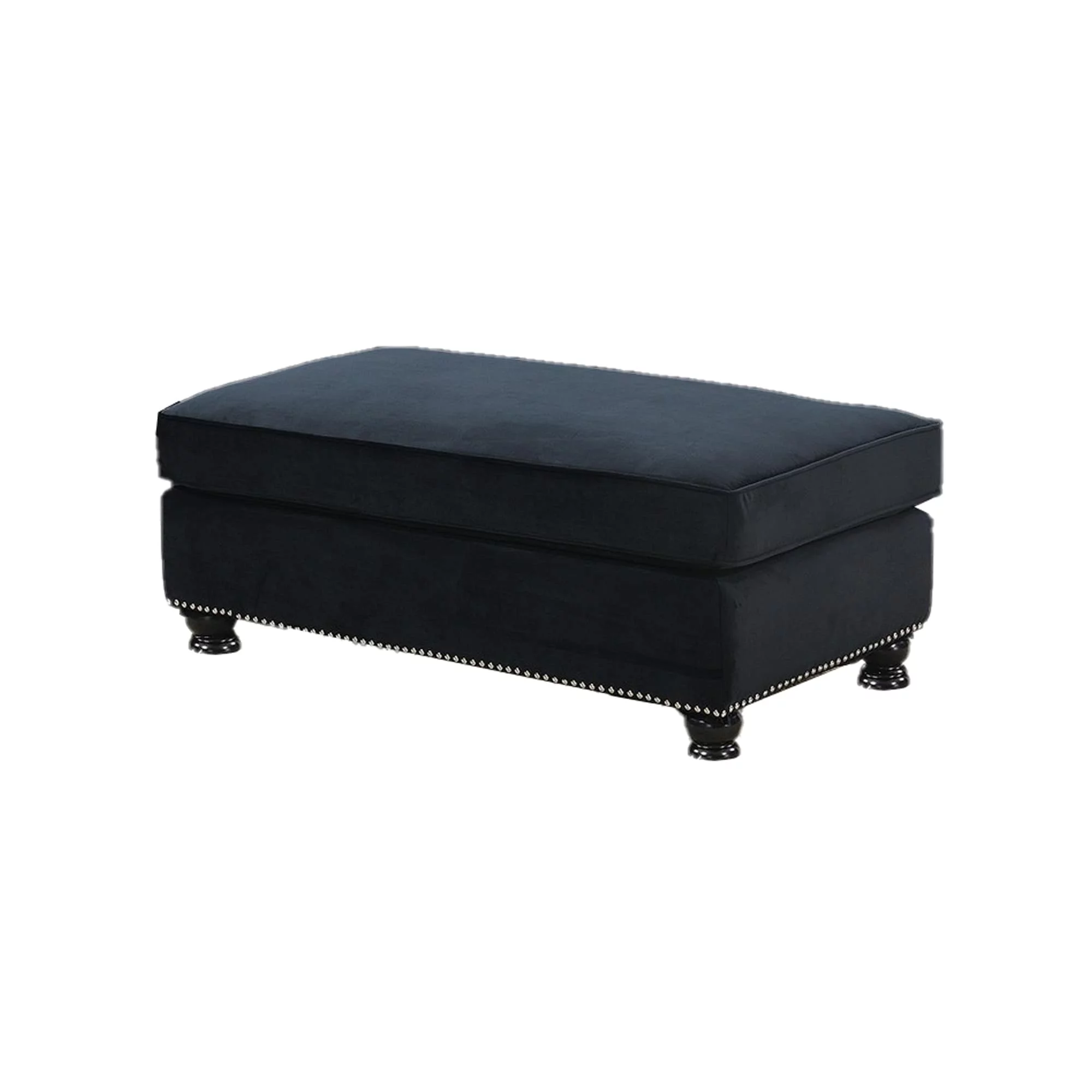 Fabric Ottoman with Nailhead Trim and Turned Feet, Black
