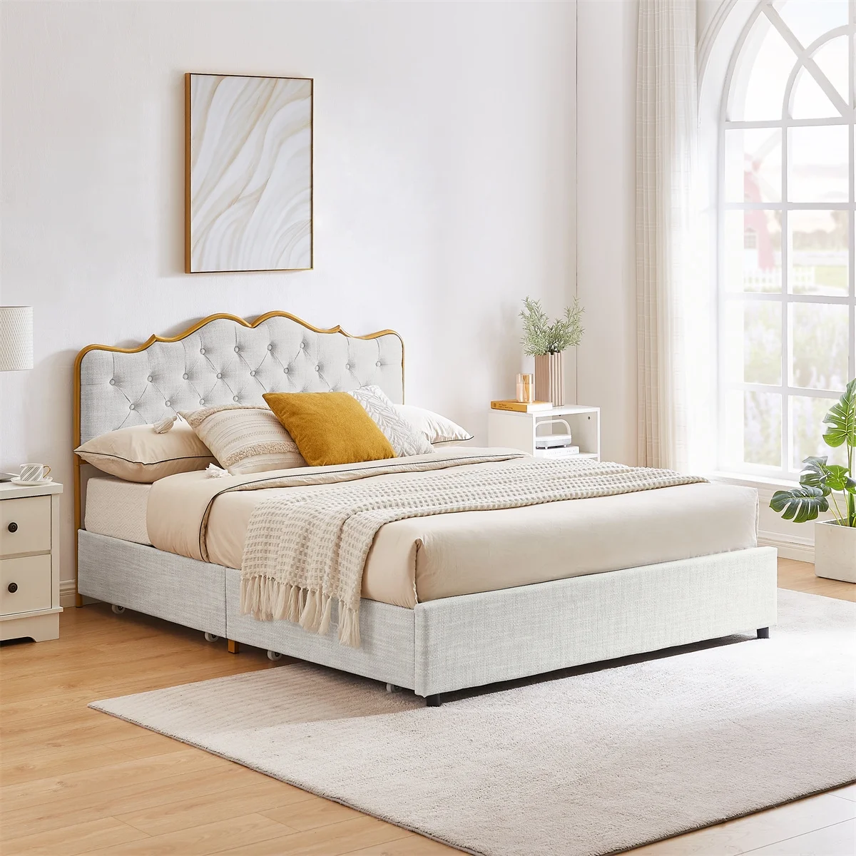 Queen Size Bed Modern Upholstered Platform Bed Frame with Headboard for Bedroom