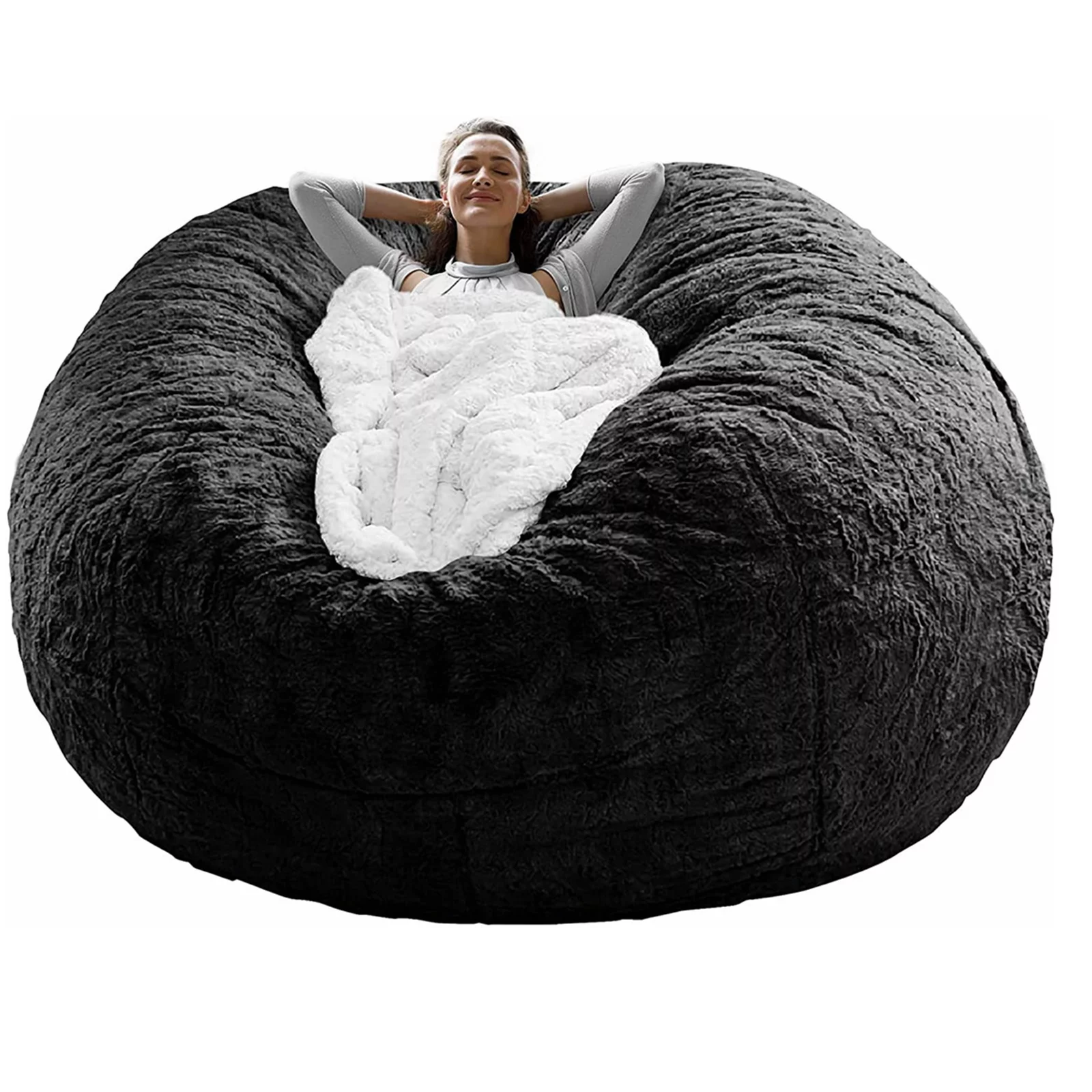 SHANNA Bean Bag Chair Cover Big Round Soft Fluffy Velvet Lazy Sofa Bed Cover (Cover only,No Filler),5ft, Black