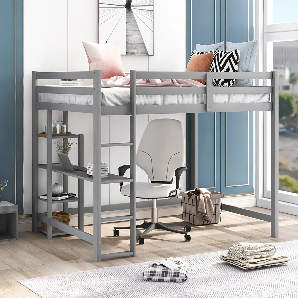 Full Size Loft Bed with Built-in Desk and Shelves Grey