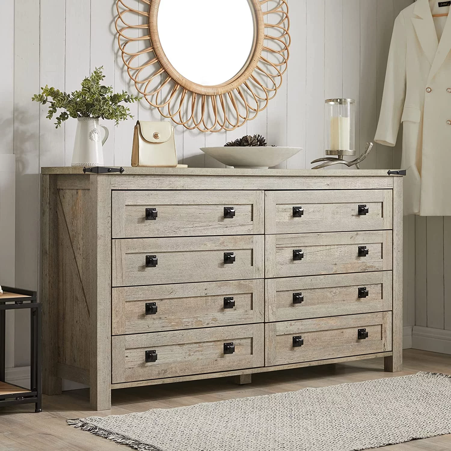 Farmhouse 6 Drawers Dresser Chests for Bedroom Wood Rustic Wide Chset of Drawers Storage Dressers Organizer for Bedroom Living Room Hallway Dark Rustic Oak
