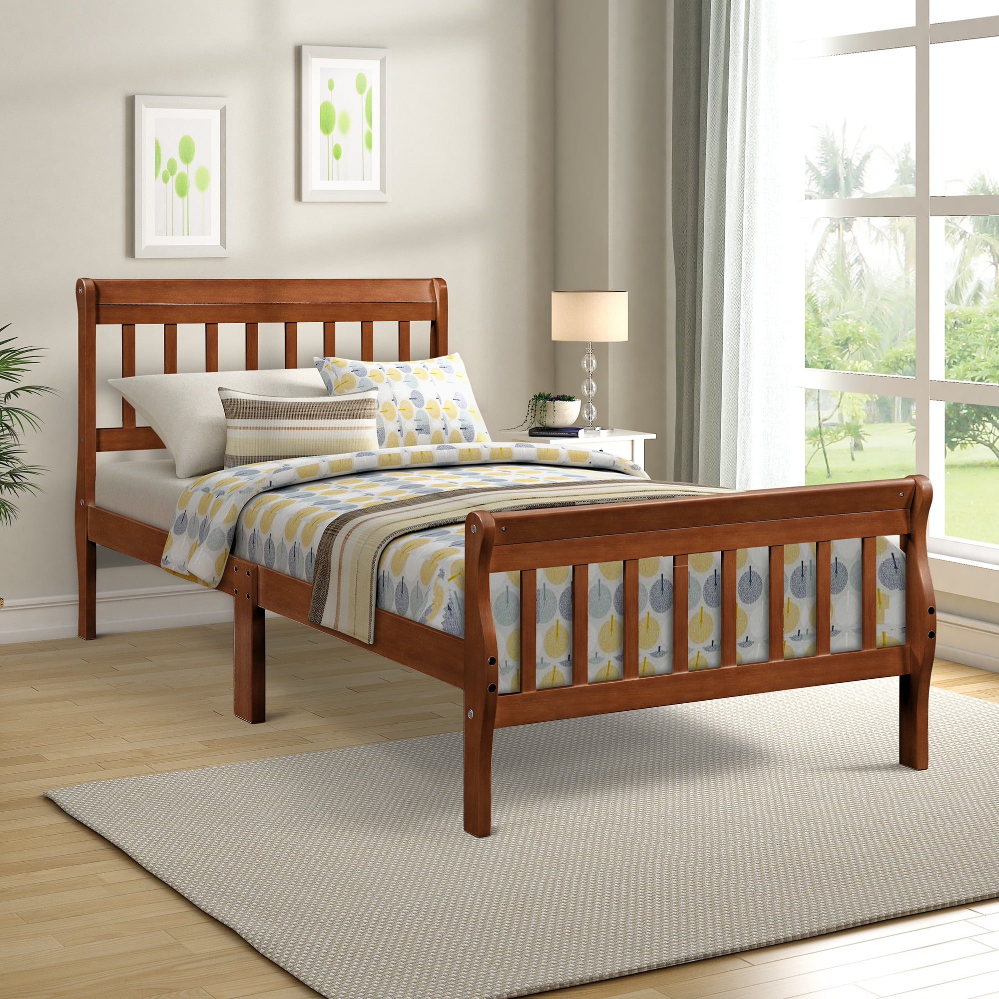 Nestfair Oak Twin Size Foundation Sleigh Bed Platform Bed with Headboard