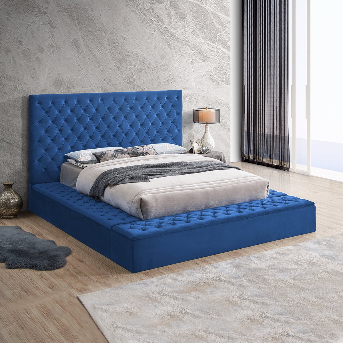 Better Home Products Cosmopolitan Velvet Upholstered Platform King Bed in Blue