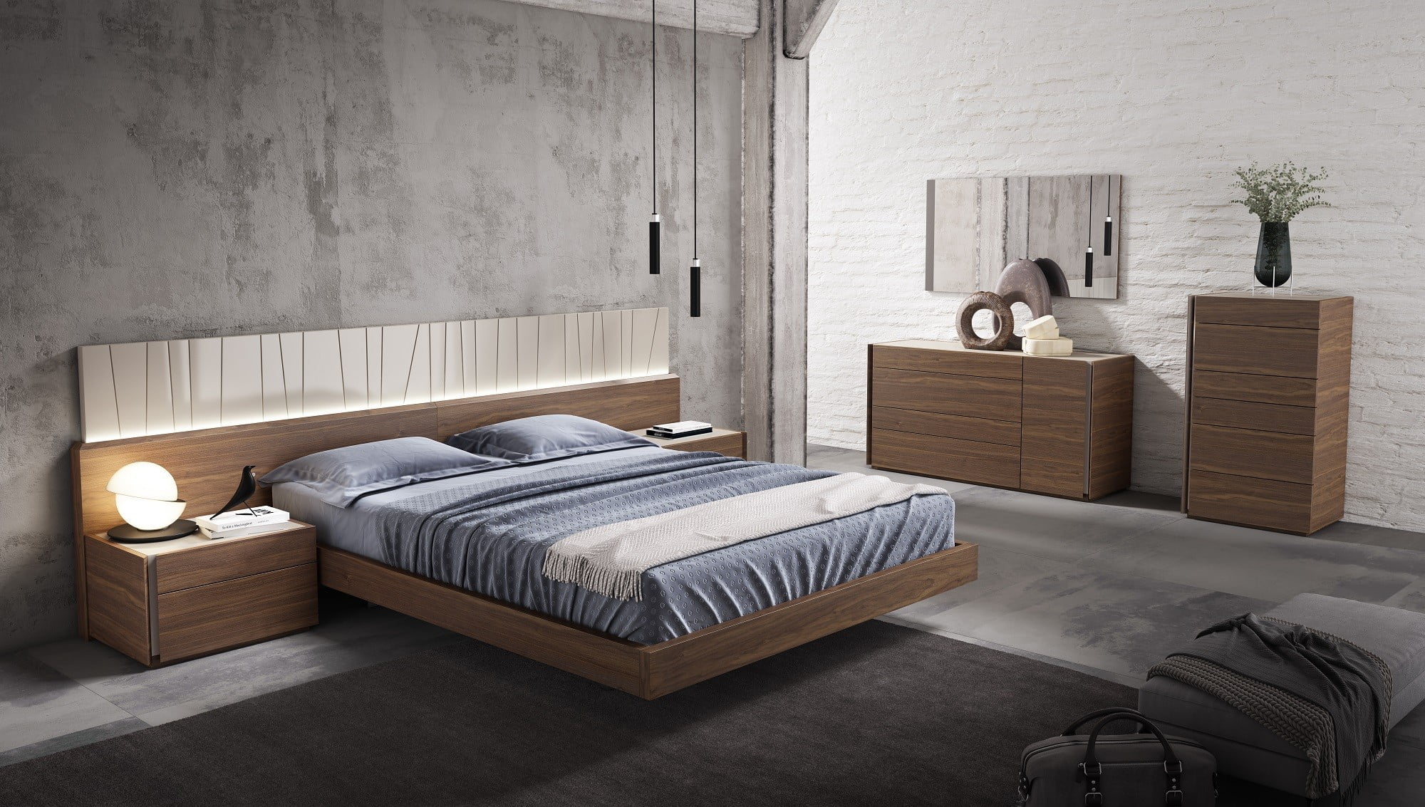 J&M Furniture Porto Premium Bedroom Set in Walnut with Light Grey with 6 piece queen bed, chest, dresser, mirror and 2 nightstand, queen bedroom set