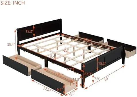 LLBIULife Harper & Bright Designs Twin Bed Twin Size Platform Bed with 4 Drawers and Streamlined Headboard & Footboard Solid Wood Bed Frame for Teens Adults (Gray)