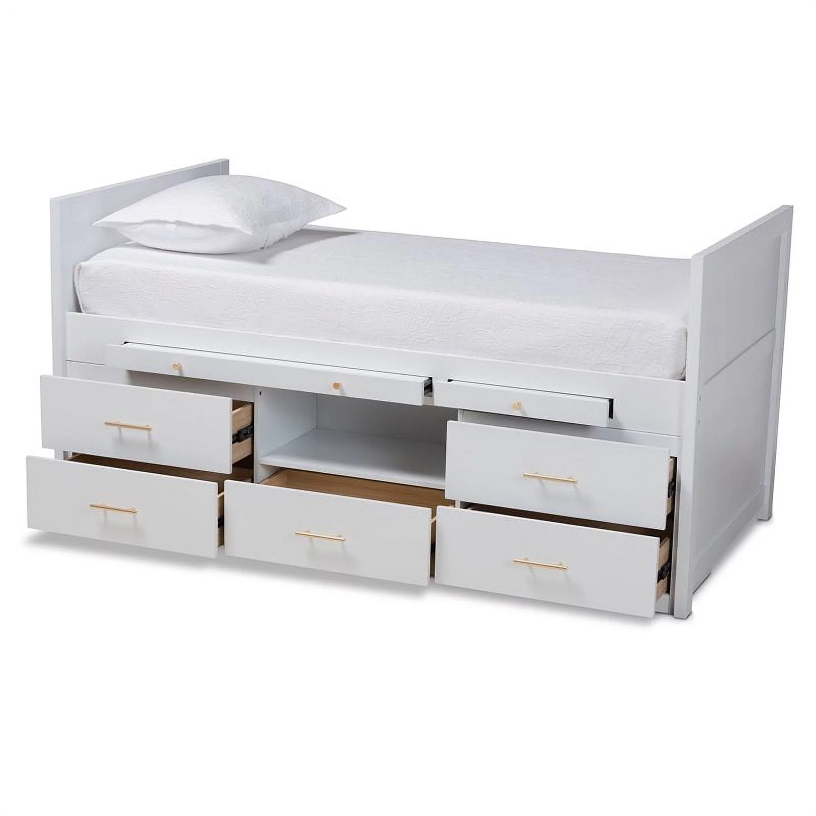 Bowery Hill White Finished Wood Twin Size Storage Bed with Pull-Out Desk