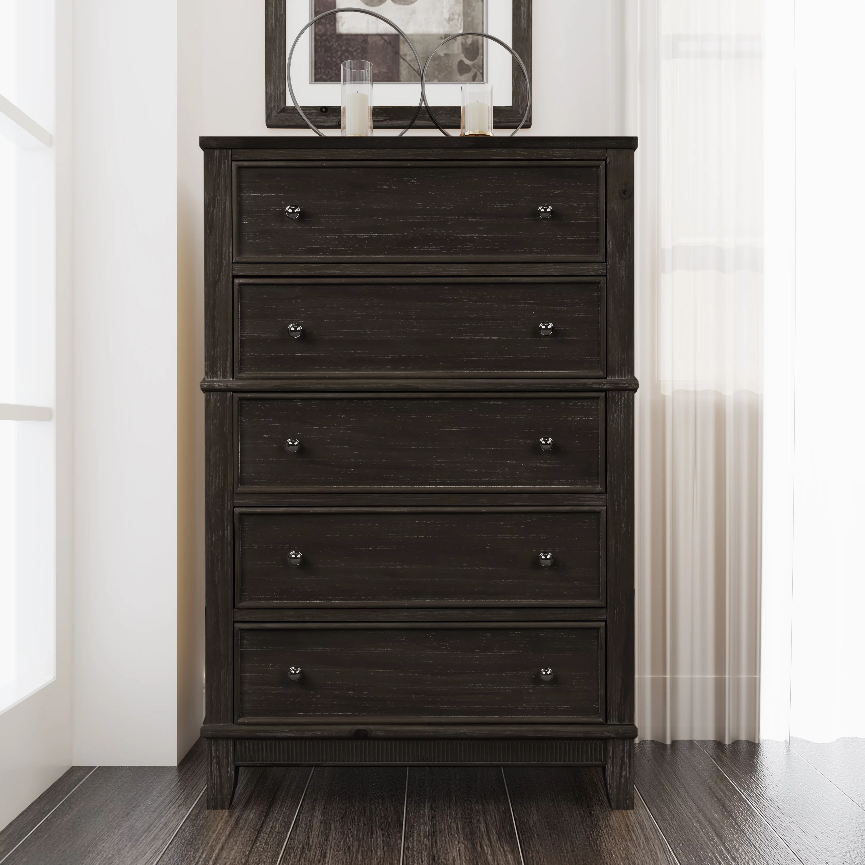 Chic Hazel 5 Drawers Chest Solid Wood, Coffee