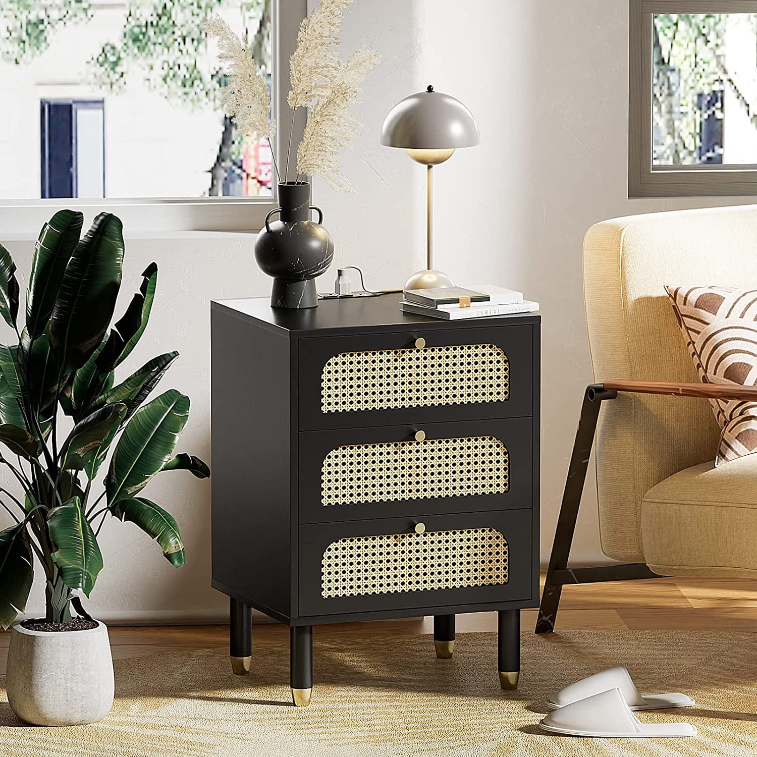 VINGLI Black Nightstand with Charging Station Boho Rattan Bedside Table with Drawers Wicker Night Stands for Bedrooms Cane End Table,19 X 15.7 X 27 Inches