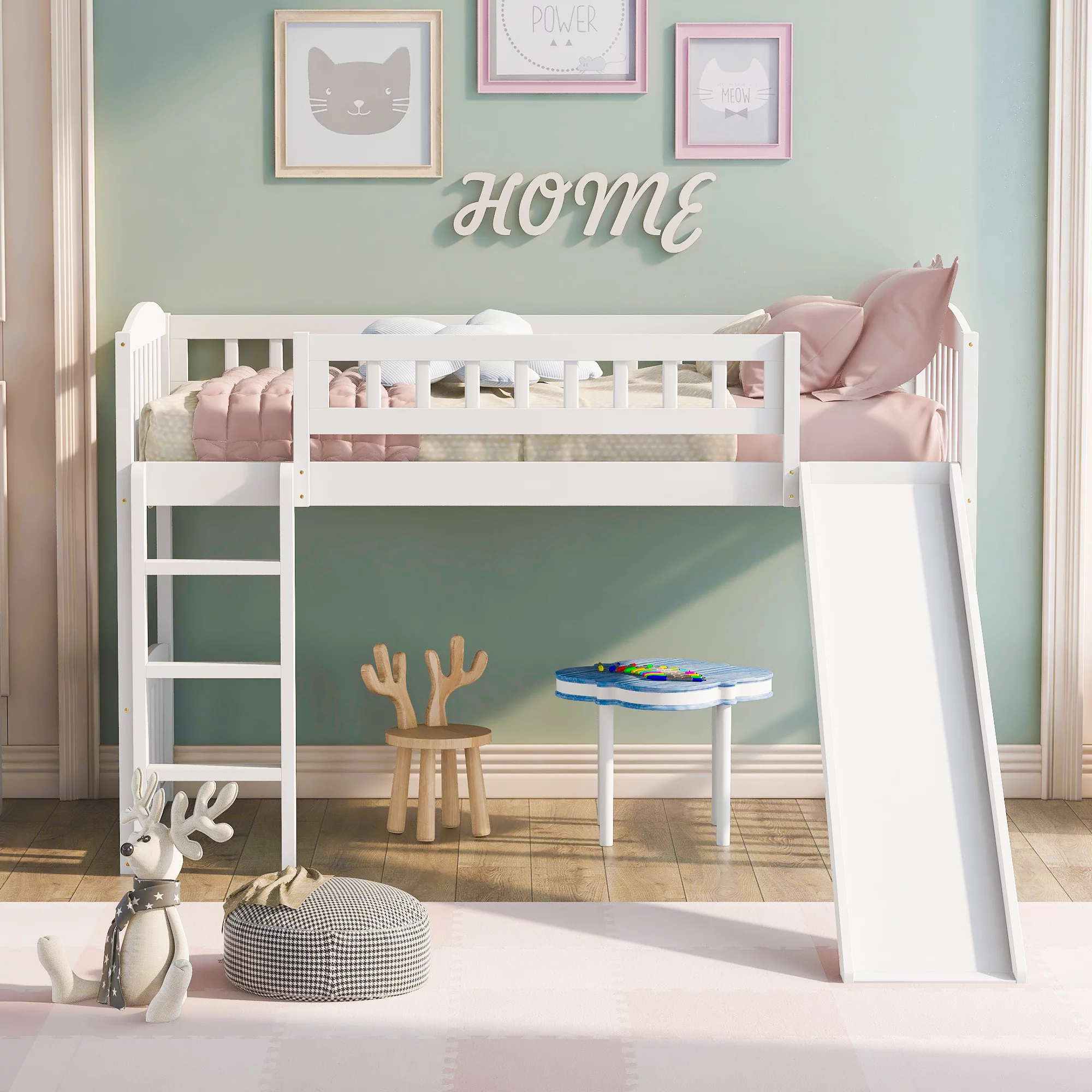 Churanty Toddler Low Loft Bed with Slide and Ladder, Wooden Twin Kids Loft Bed Frame for Living Room Bedroom Furniture,White