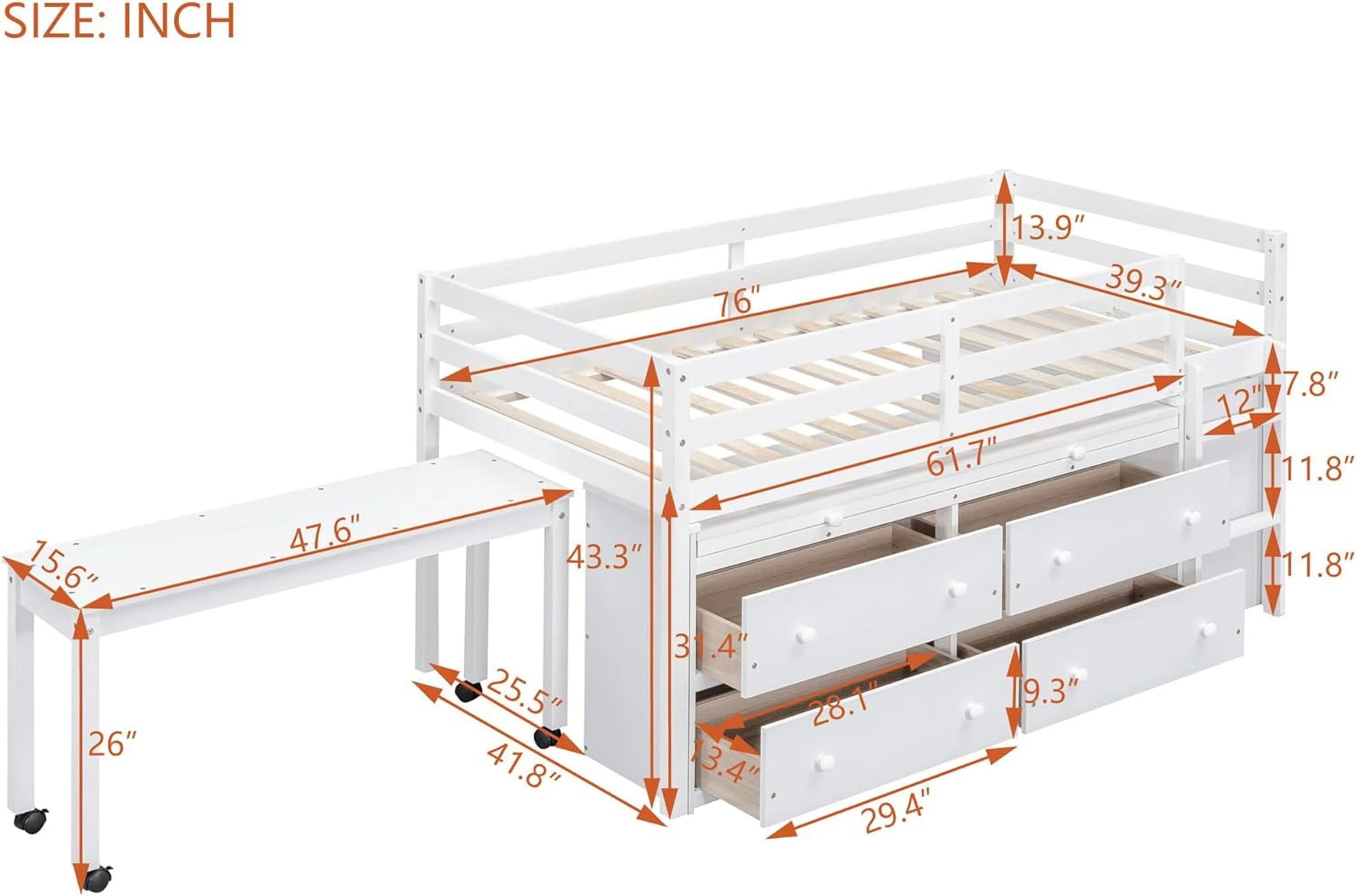 Kids Low Loft Bed With Storage, Size Loft Bed With Portable Desk And 4 Drawers, Wood Loft Bed With Shelves, Modern Farmhouse Junior Loft Bed For Kids Boys Girls, White