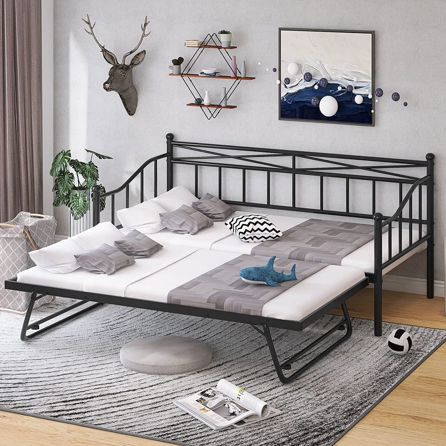 MERAX  Metal Daybed with Twin Size Adjustable Trundle Black Twin
