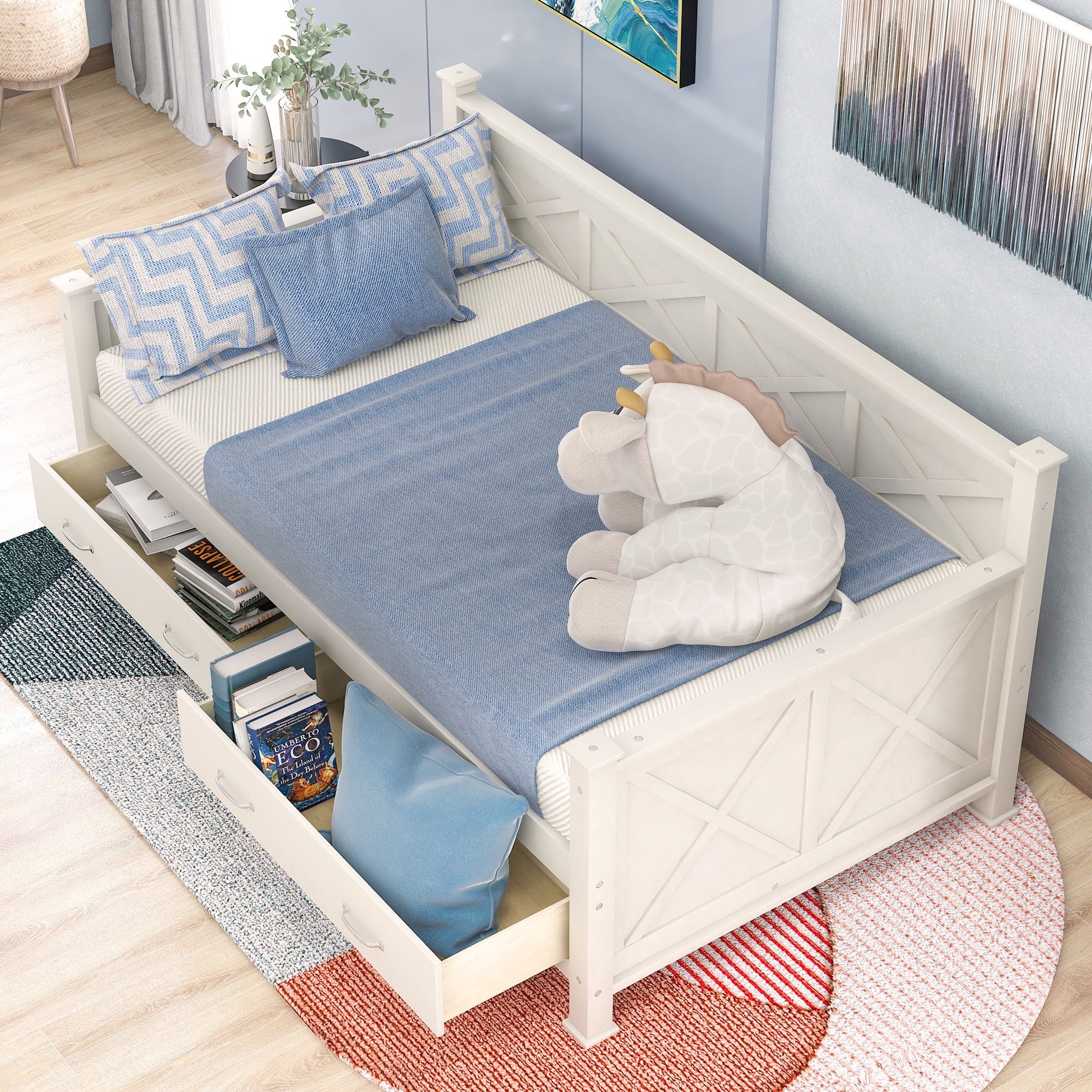 Euroco Twin Size Dayed with 2 Storage Drawers for Bedroom Low Profile Platform Bed, White