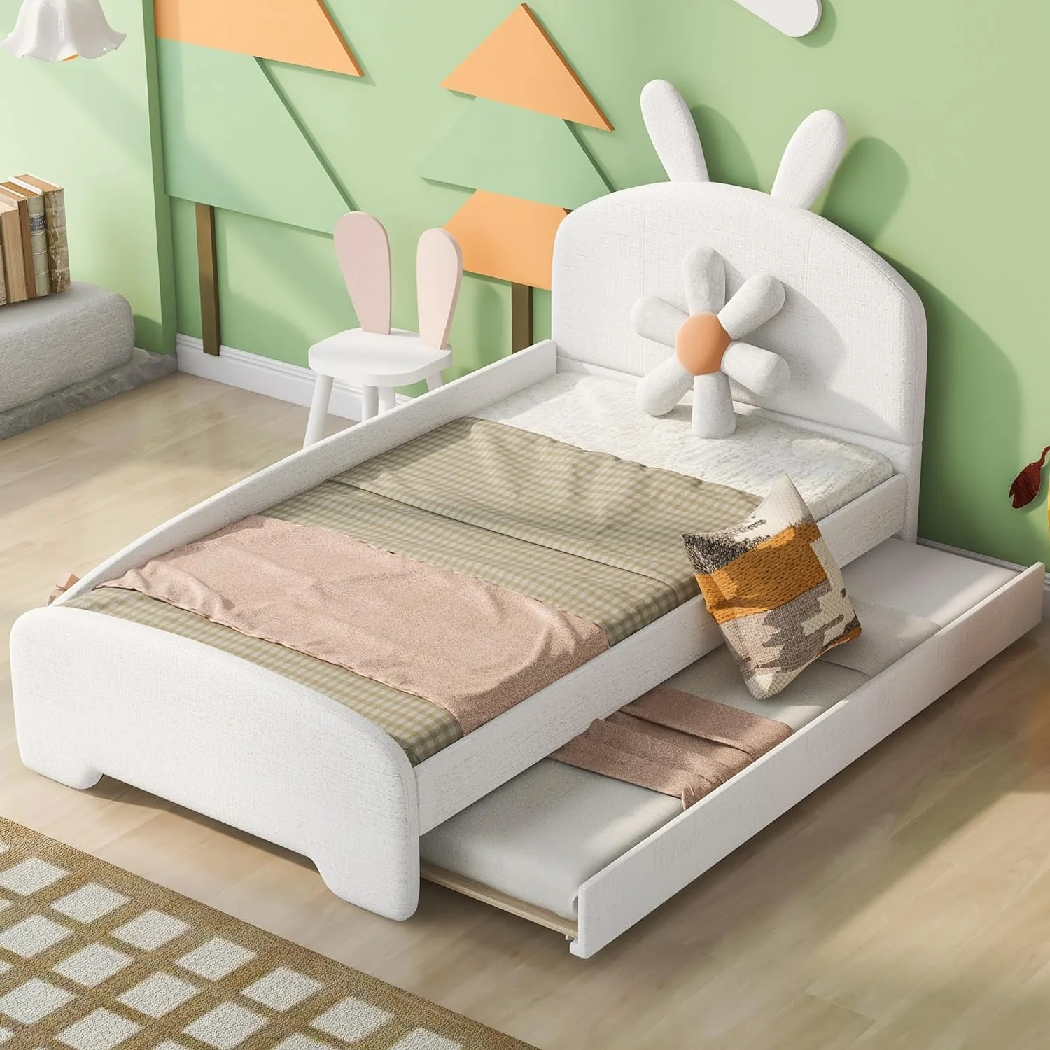 Size Upholstered Bed With Trundle And Cartoon Ears Shaped Headboard, Chenille Platform Bed Wood Frame, No Box Spring Needed, White