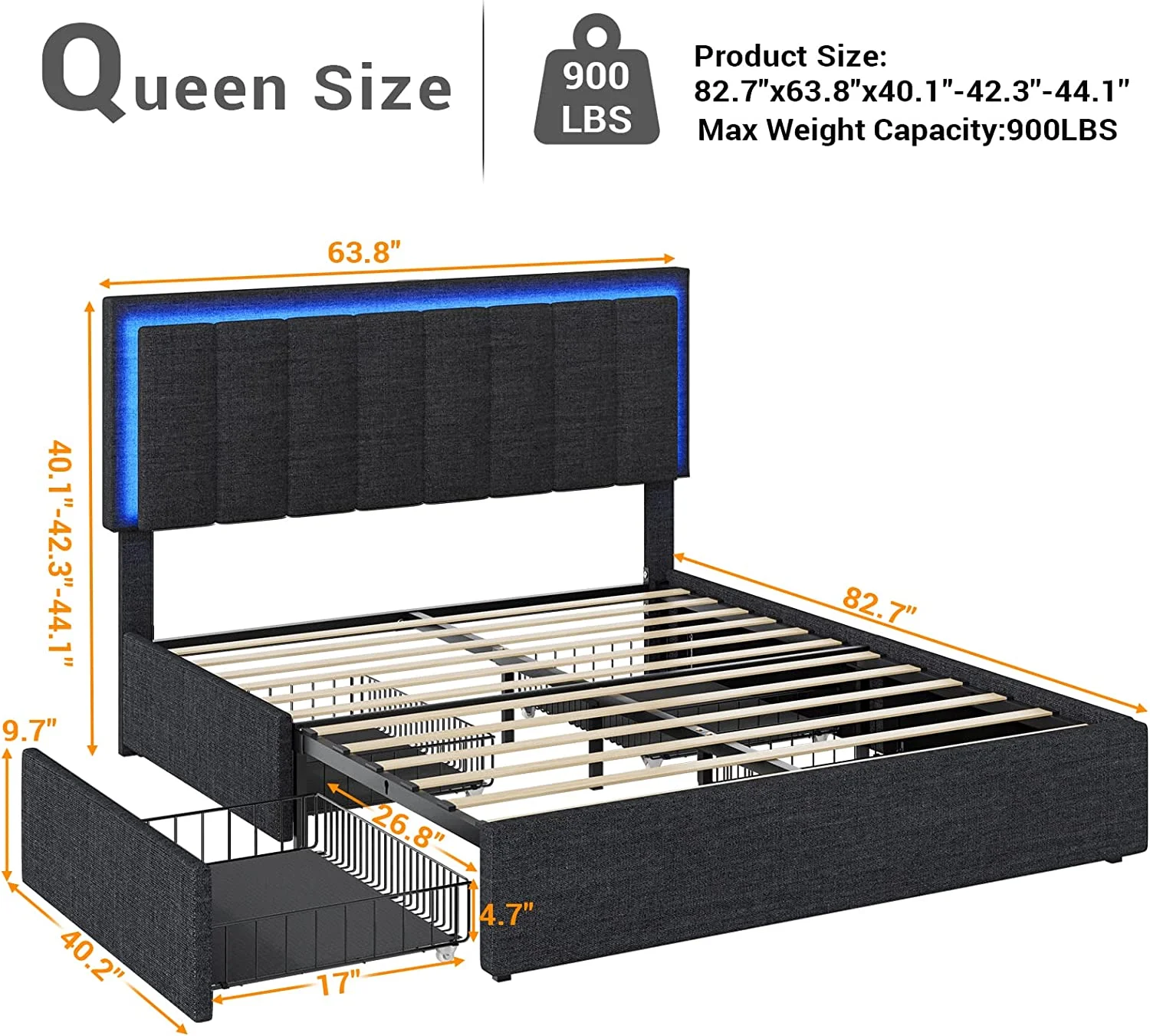 Queen Size Platform Bed Frame with Headboard and Footboard  4 Storage Drawers  LED Light 2 USB Ports Upholstered Queen Bed Mattress Foundation with Wooden Slats Support  No Box Spring Nee
