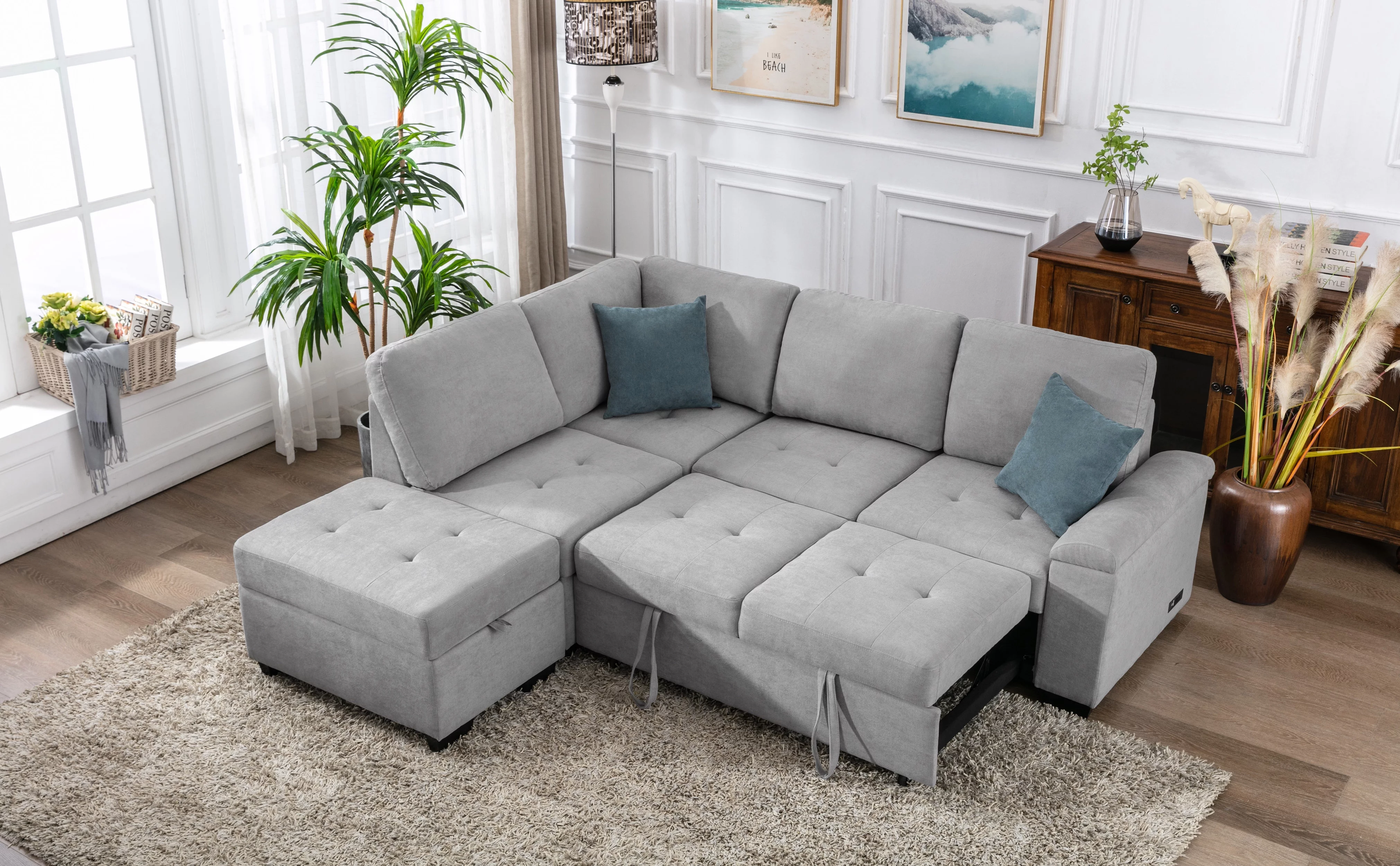 Euroco L-Shape Sofa Bed with Storage Ottoman and Hidden Arm Storage, Sectional Sofa Sleeper with USB Port for Living Room Apartment, Light Gray