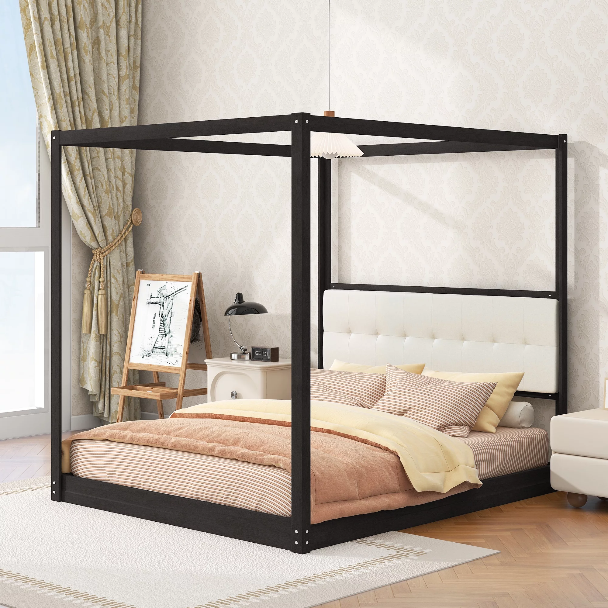 Dawn Whisper King Size Wooden Canopy Platform Bed with Upholstered Headboard, Espresso