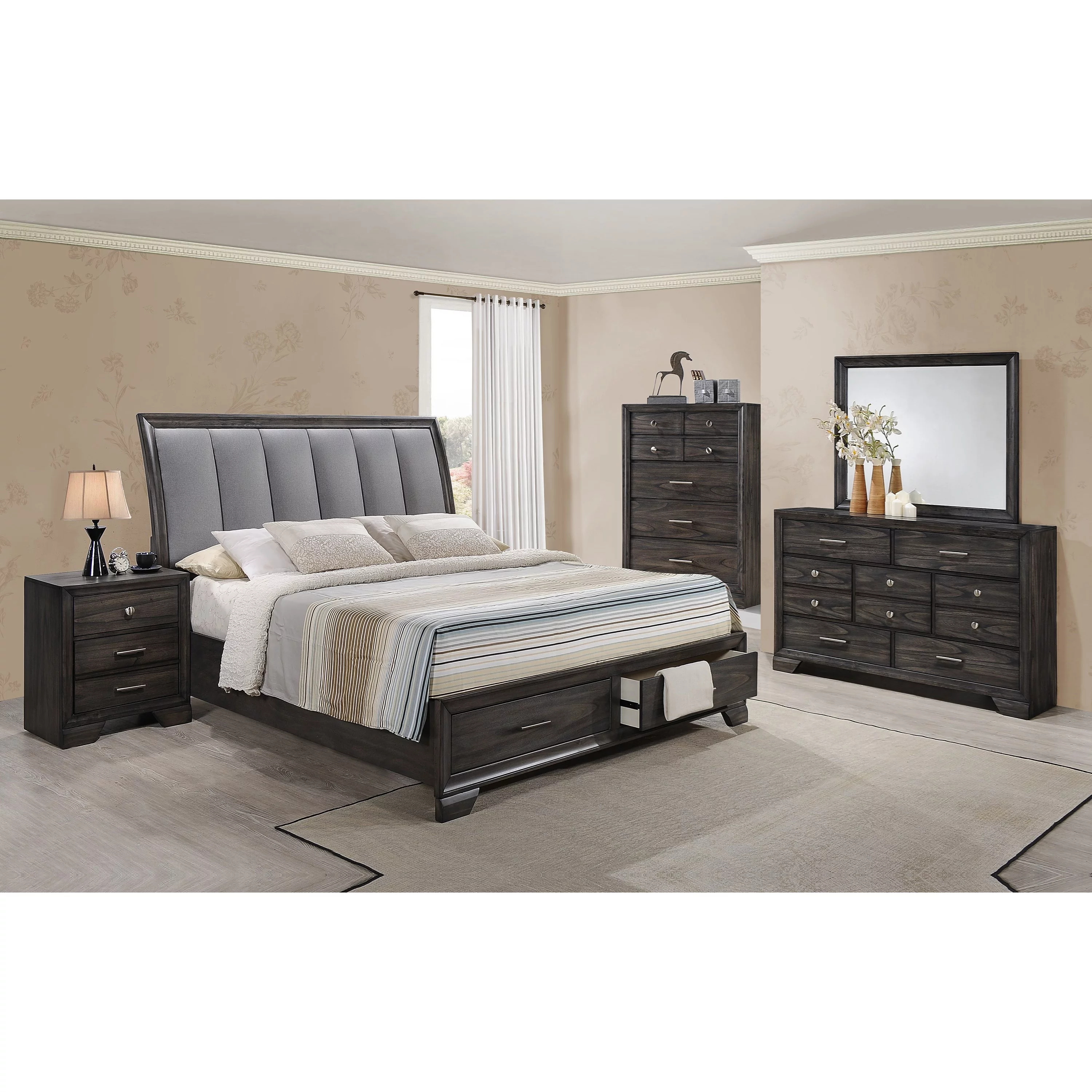 Contemporary 5pc Queen Upholstered Headboard Storage Drawers Bed Dresser Mirror Nightstand Furniture