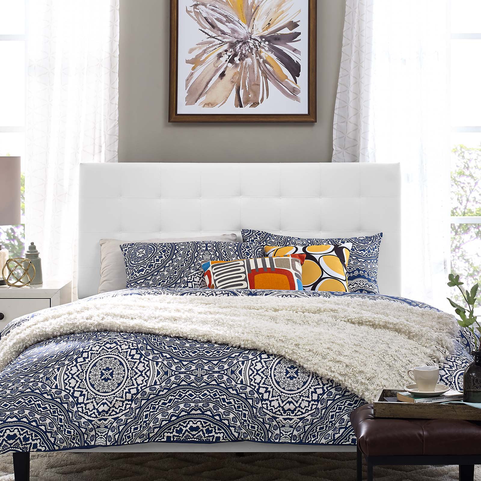 Contemporary Modern Urban Designer Bedroom Full and Queen Size Tufted Headboard, Faux Vinyl Leather, White