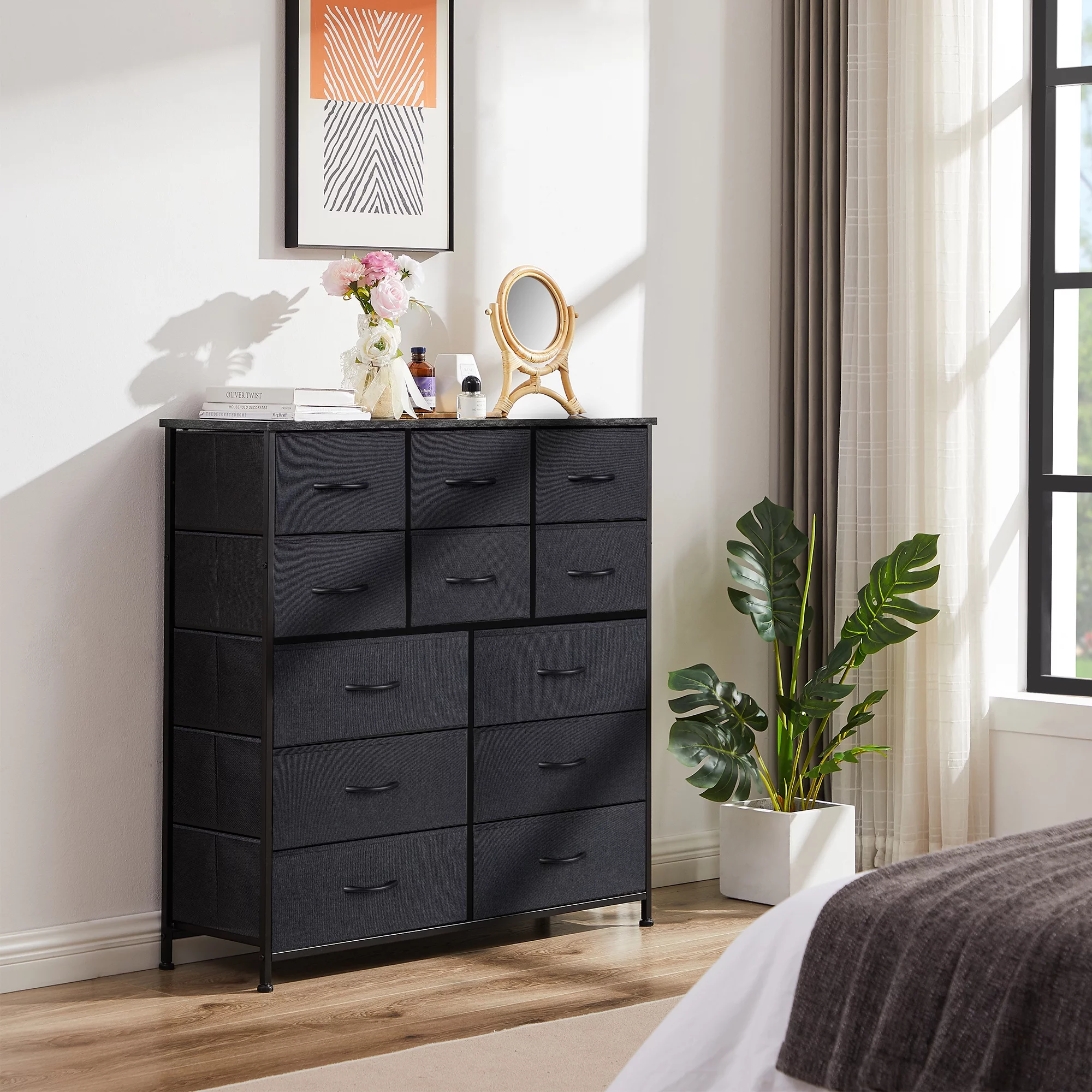 Bigroof 12 Drawer Dresser for Bedroom Large Storage Organizer Unit for Closet Living Room Entryway Office Sturdy Steel Frame Wooden Top