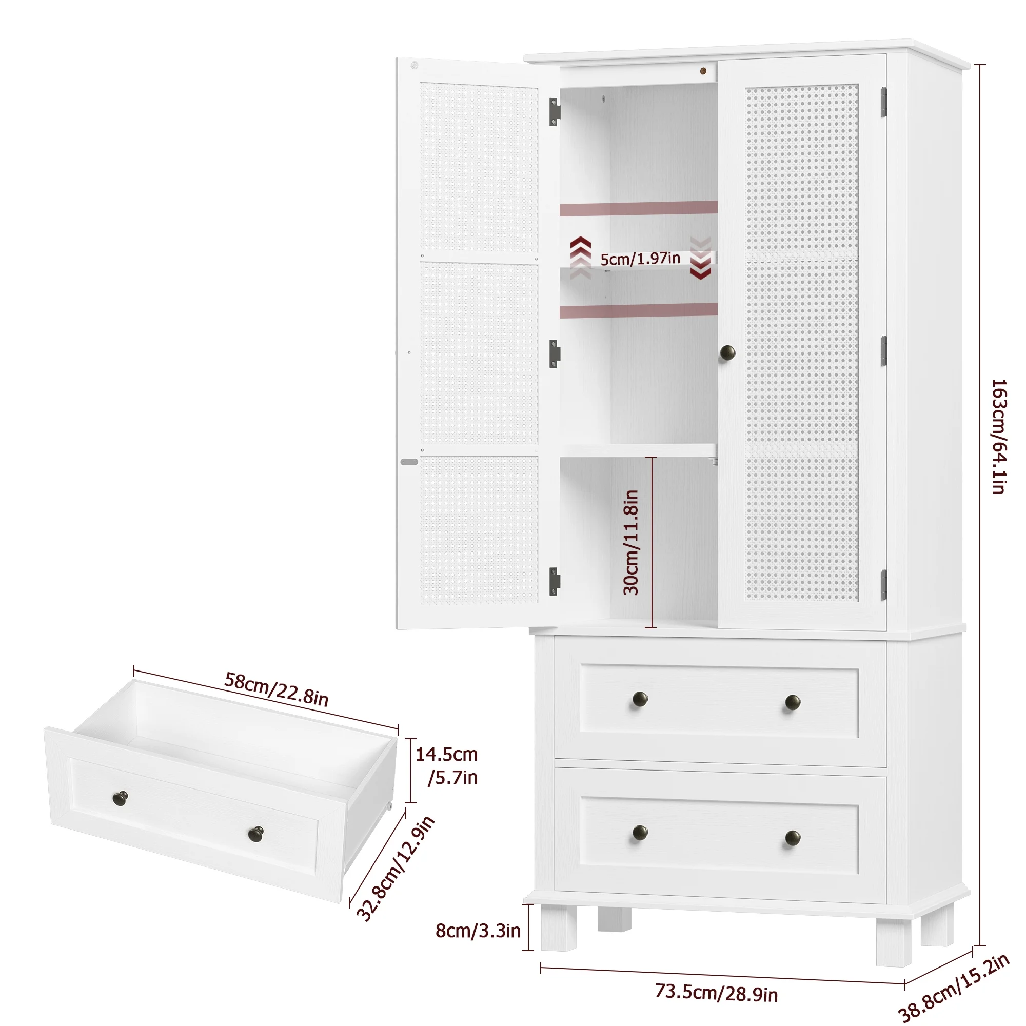 Homfa Bathroom Cabinet with Rattan Doors, Rattan Linen Storage Cabinet with 2 Drawers, White
