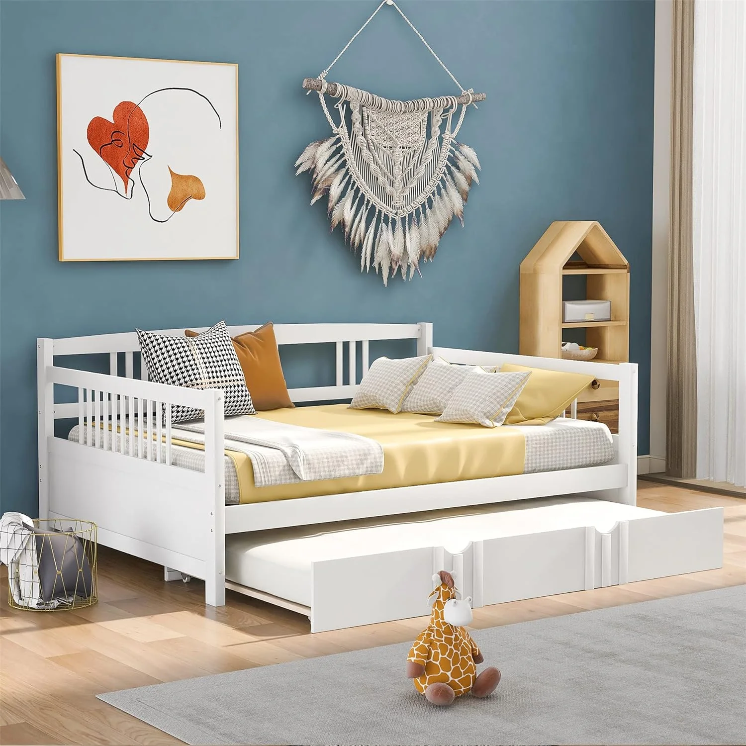 Full Size Daybed Wood Daybed Frame Wih rudle, For Kids ees Guess. o Box Sprig eeded, Bedroom Livig Room Furiure (Whie)