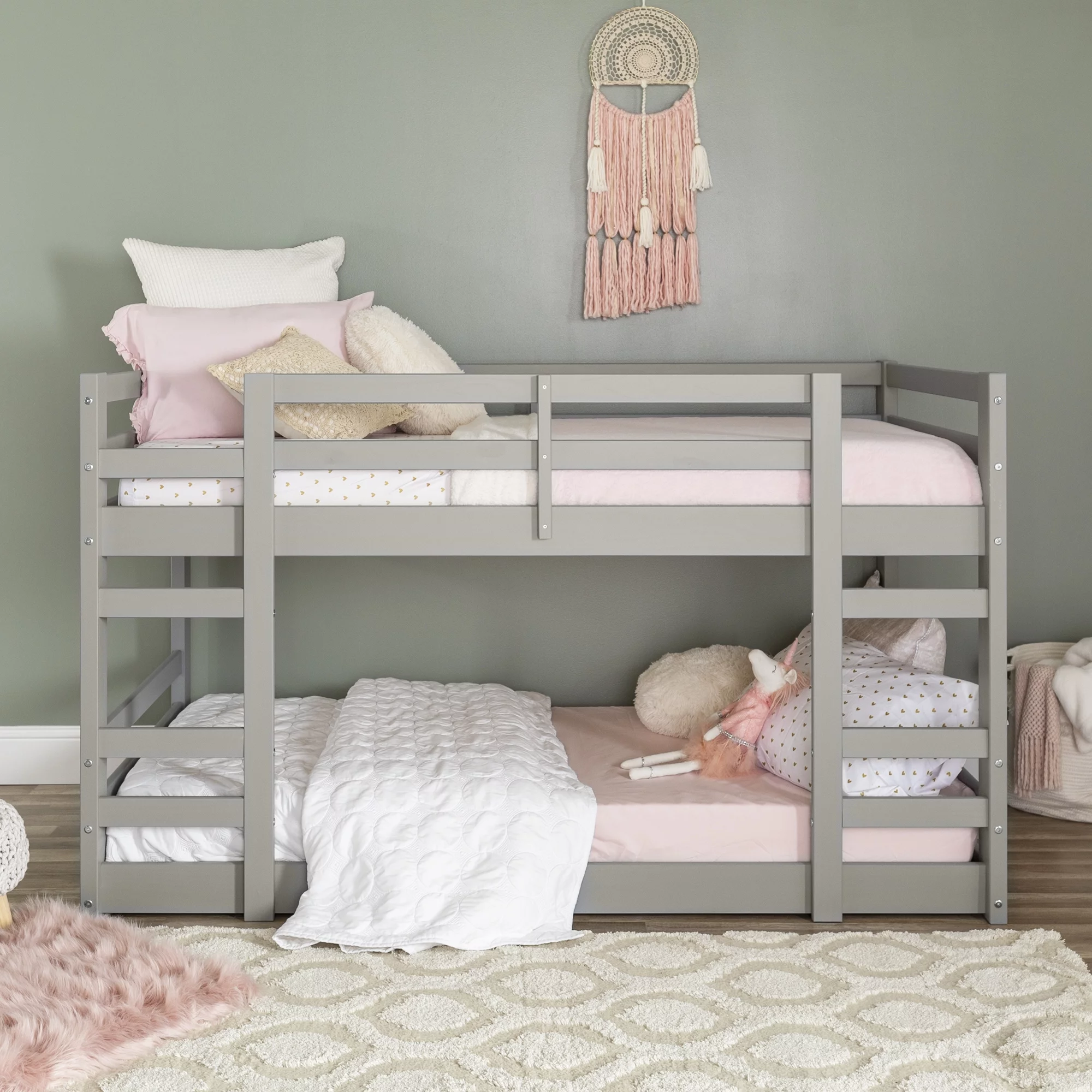 Walker Edison Solid Wood Twin over Twin Floor Bunk Bed, Grey