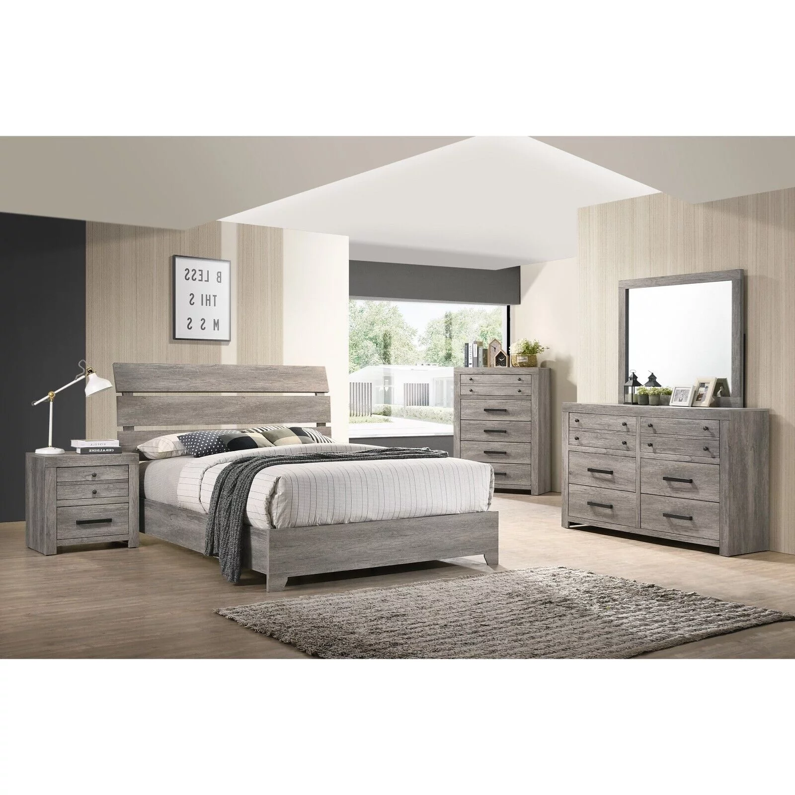 Contemporary Vintage style King Size 6Pc Bedroom Set Platform Bed Dresser Mirror Nightstands Chest Furniture