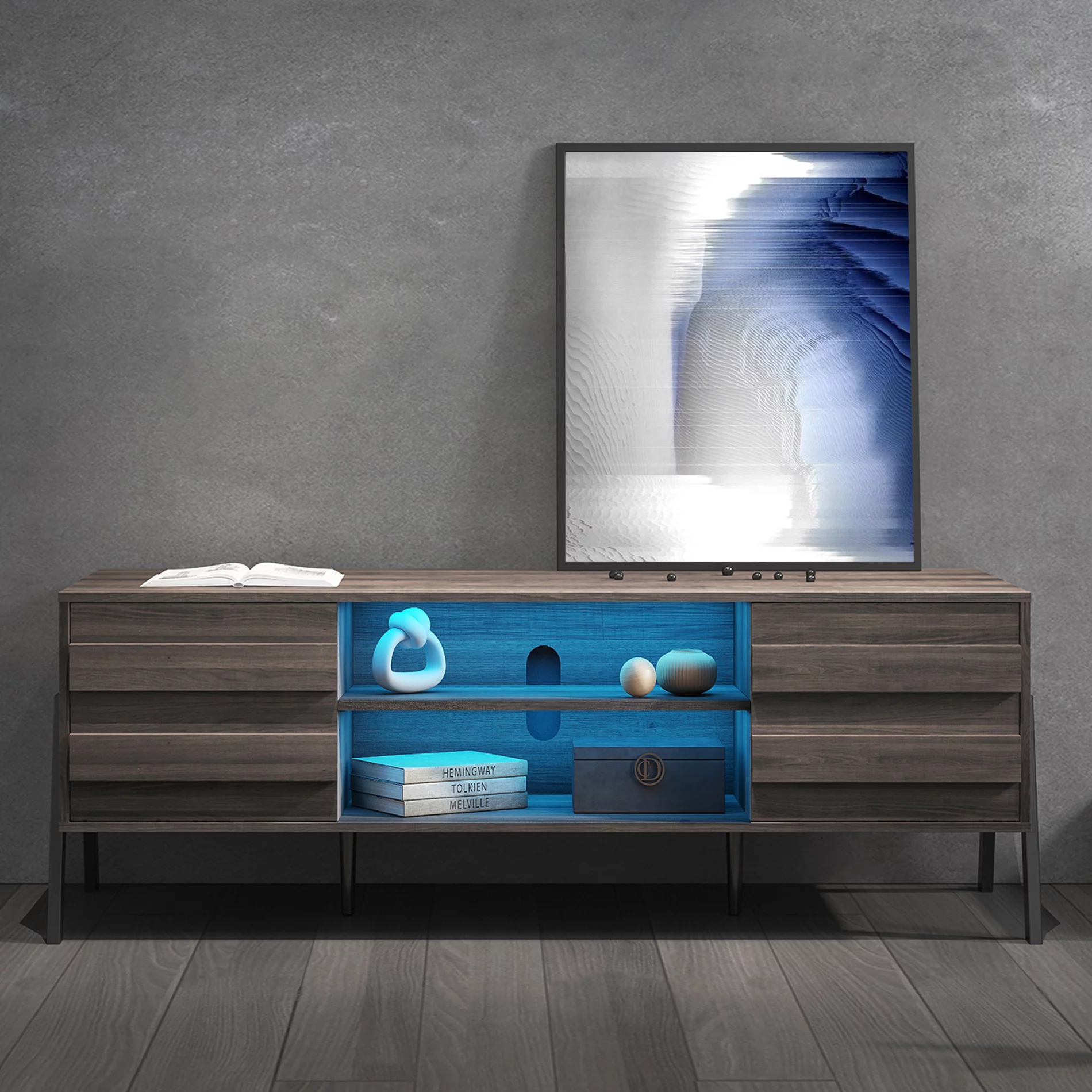 Mid-century LED TV Stand with Push To Open Cabinet and Metal Legs for Living Room, Brown