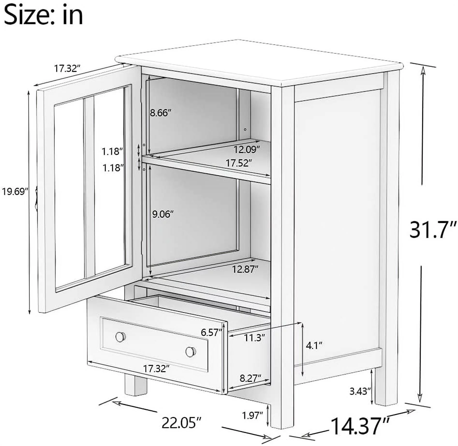 AngLink White Buffet Storage Cabinet - Small side cabinets with Single Glass Doors & Unique Bell Handle for Living Room Bedroom Kitchen Dining Room (22inches)