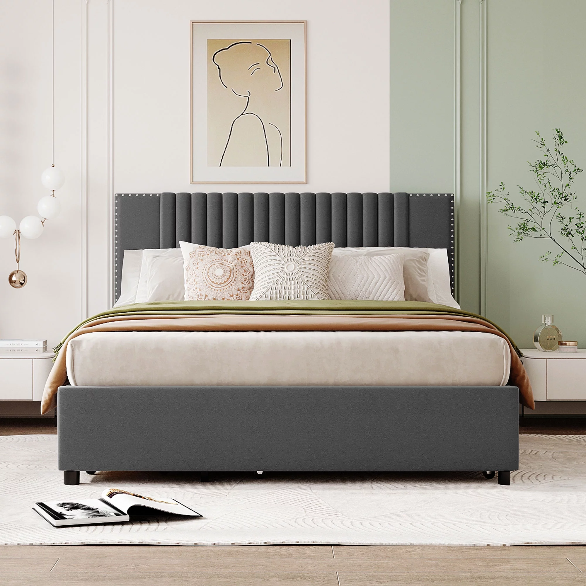CoSoTower Queen Size Upholstered Platform Bed with 2 Drawers and 1 Twin XL Trundle, Classic Headboard Design, Gray