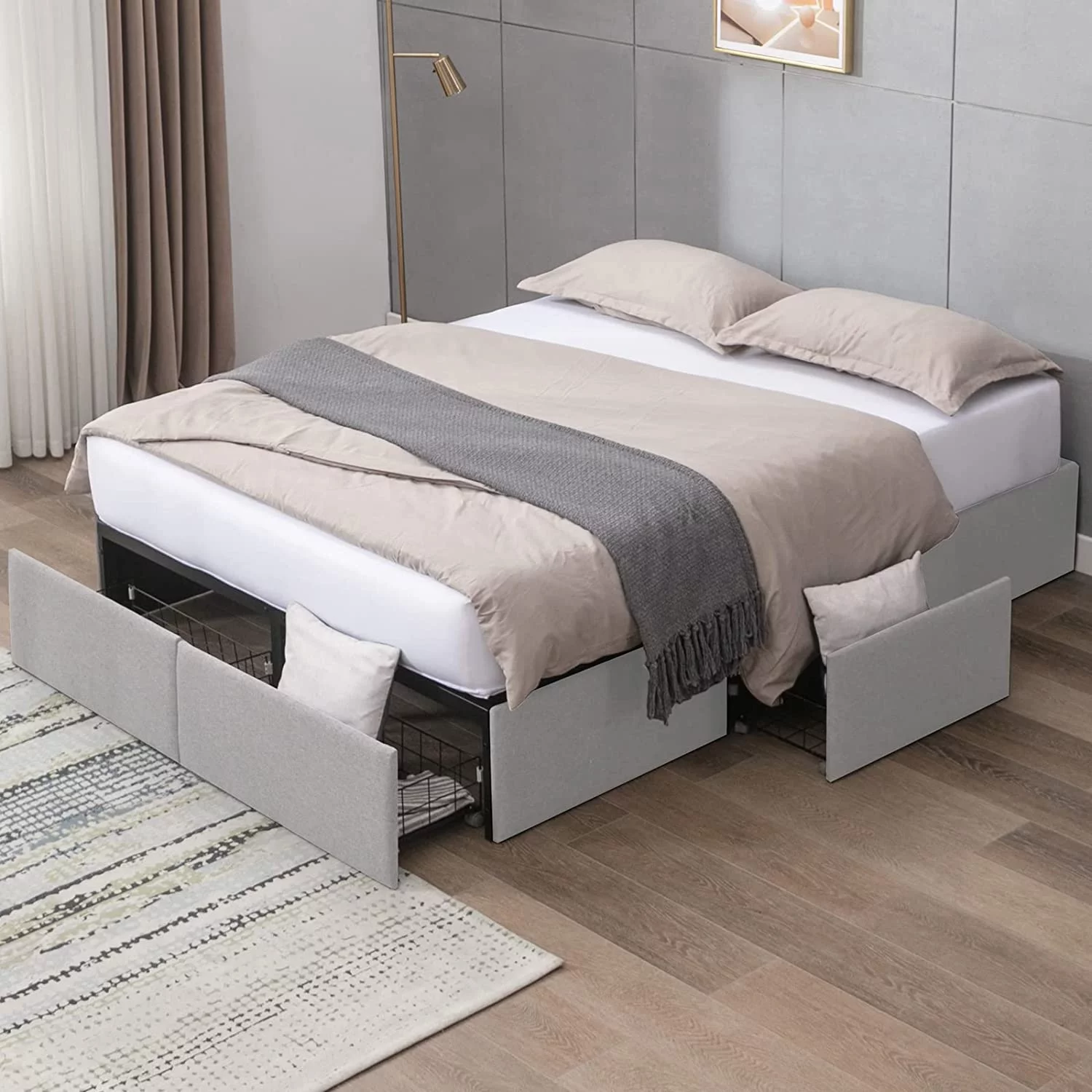 Puremind Queen Size Bed Frame with 4 Storage Drawers,Upholstered Metal Platform Bed with Premium Linen Fabric,Queen Bed Base Frame with Metal Support,Easy Assembly/Space Saving-Light Grey