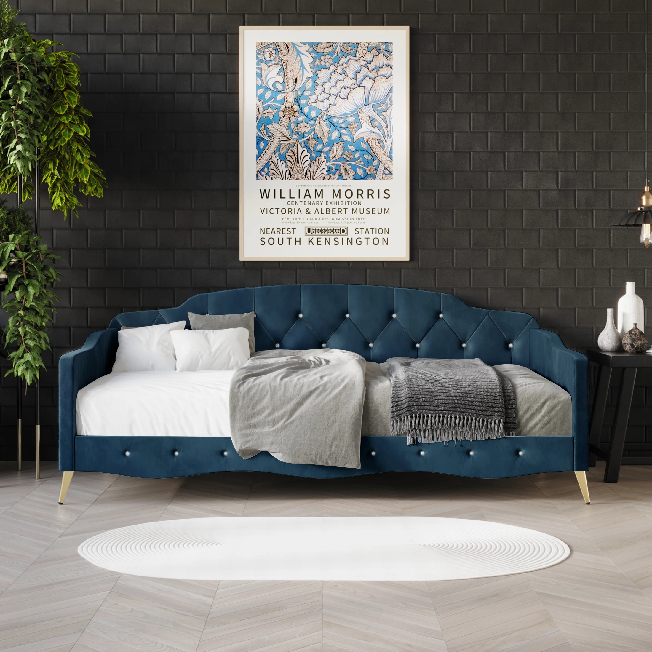 Castle Place Contemporary Crystal Button Tufted Velvet Upholstered Twin Daybed, Navy Blue