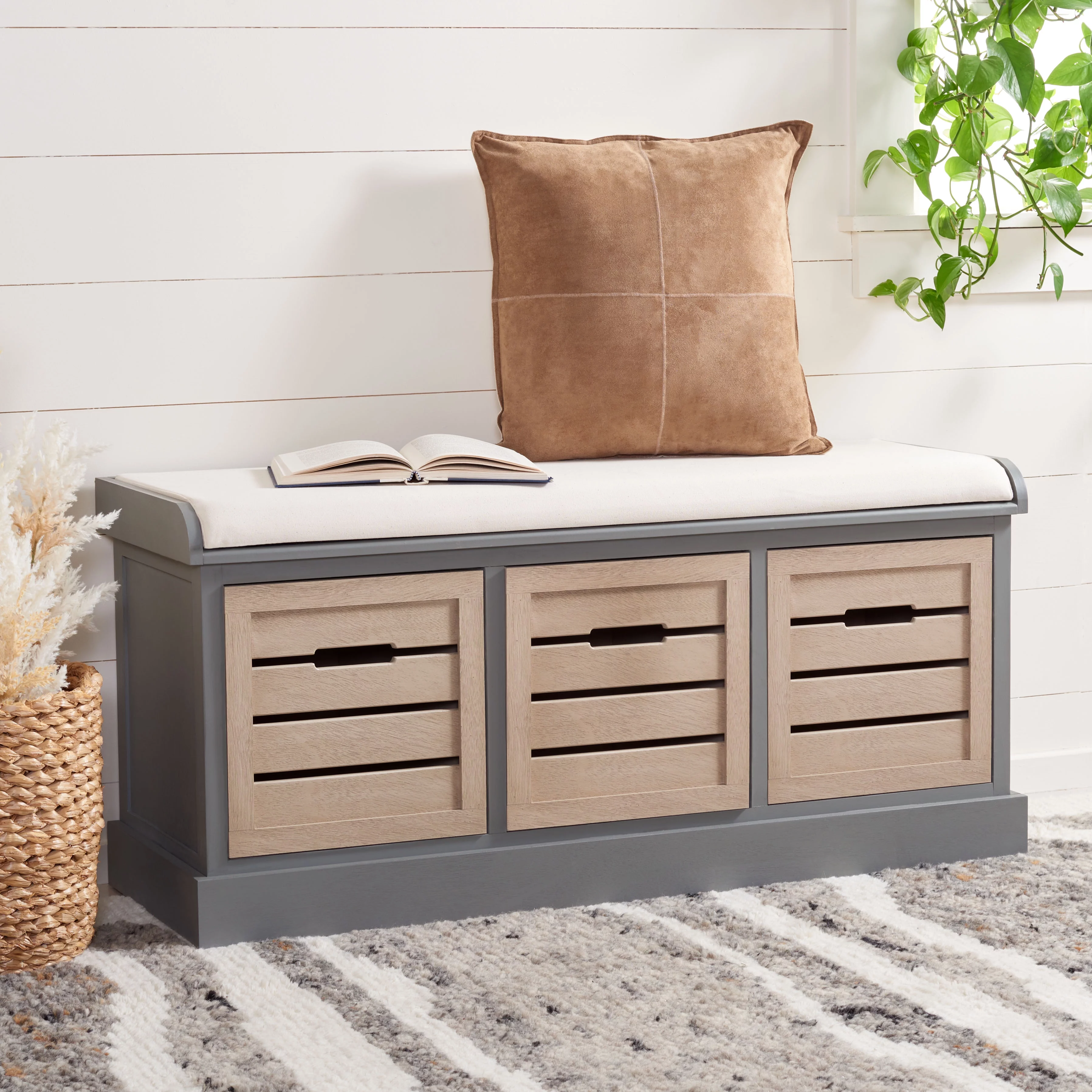 SAFAVIEH Briar Solid 3 Drawer Cushion Bench, Distressed Grey/Sand