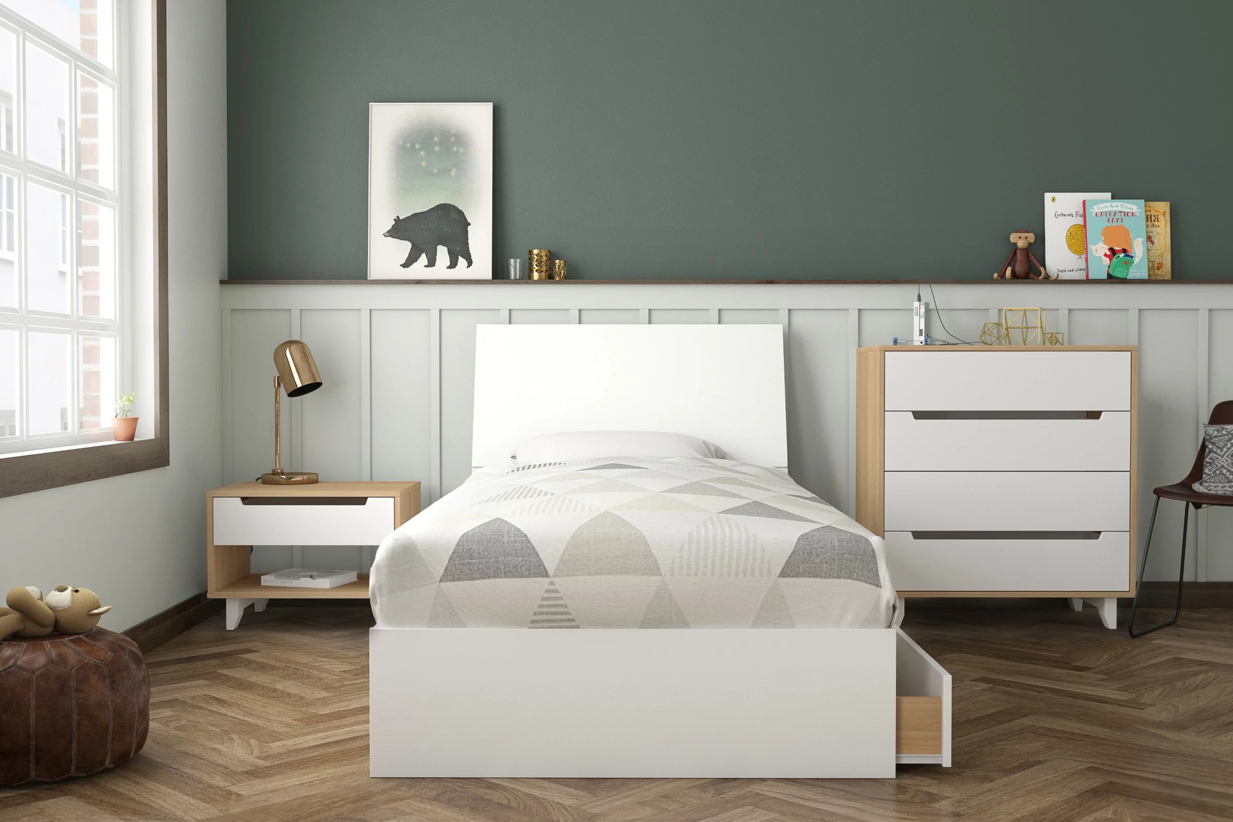 Nexera Radiance Twin Size Platform Bed Set #402168, Natural Maple & White-Finish:Natural Maple/White