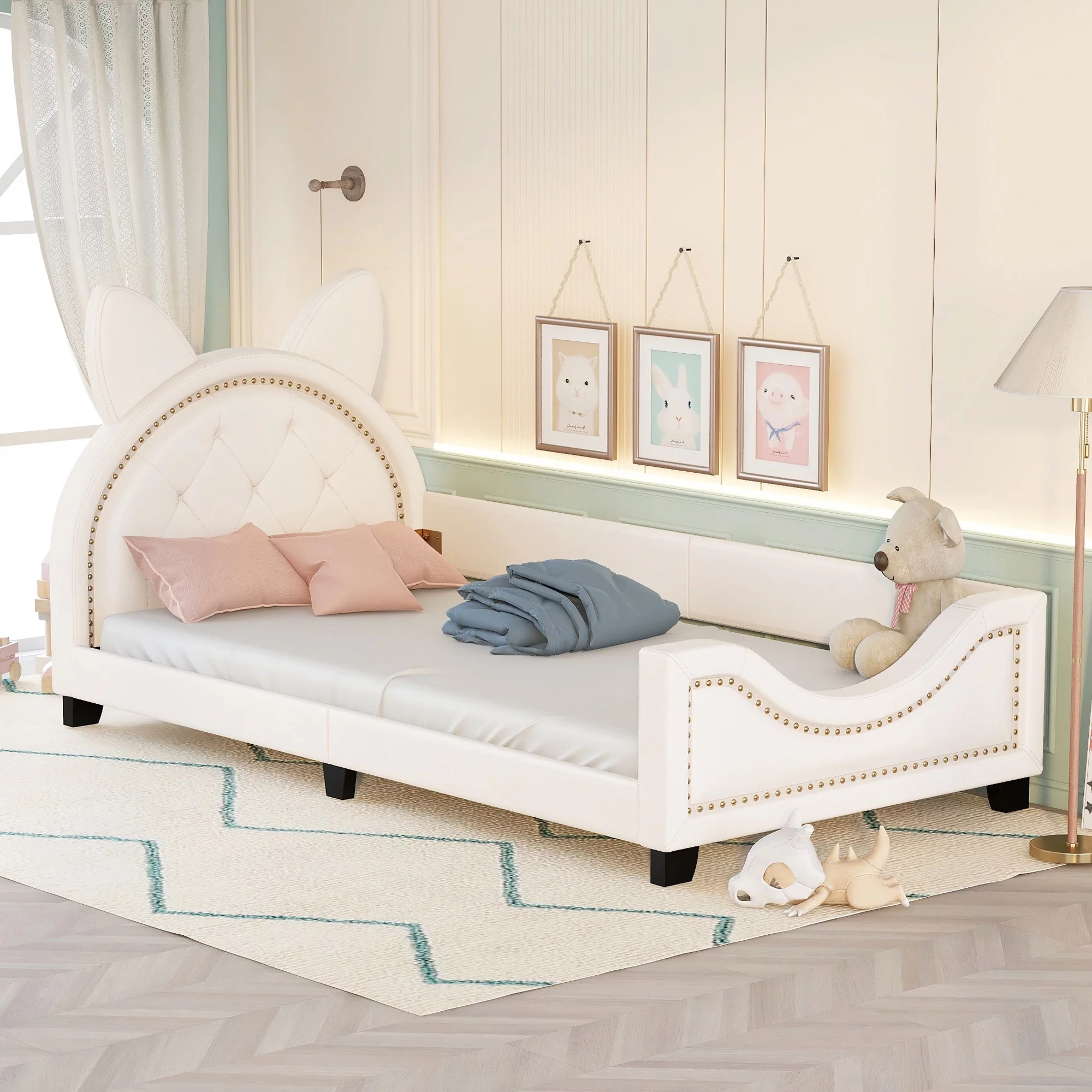 Churanty Twin Size Carton Daybed for Kids,PU Leather Daybed Frame with Ears Shaped Headboard and Rivet Decoration for Girls Boys,