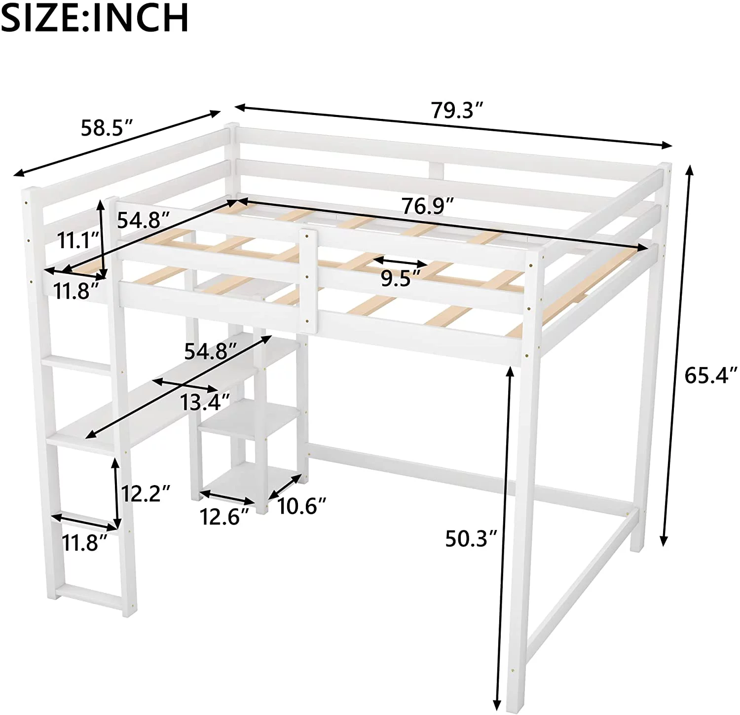 Full Loft Bed With Desk, Wood Loft Bed Frame With Storage Shelves, High Loft Bed With Bookcase For Kids Teens Adults (White)