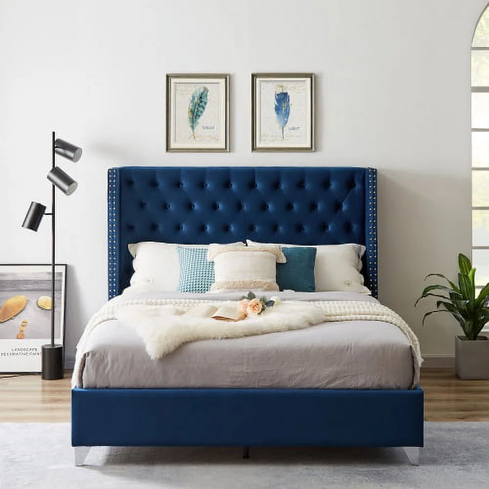 Queen Bed, Button Designed Headboard,Strong Wooden Slats + Metal Legs With Electroplate