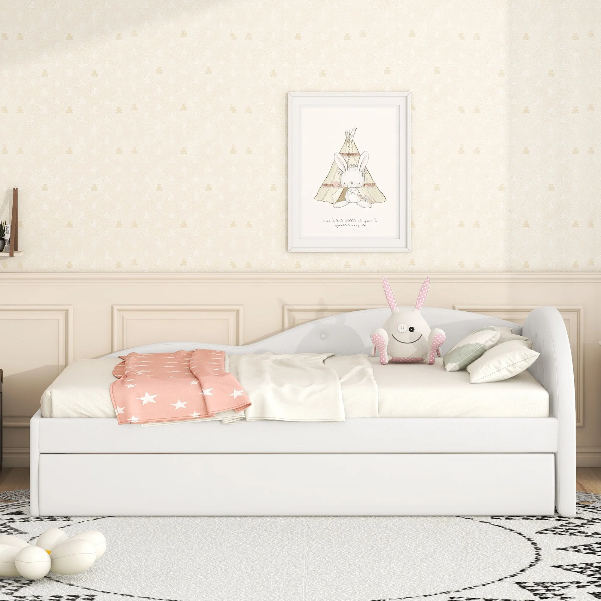 Euroco Twin Size PU Upholstery Daybed, Tufted Sofa Bed with Trundle for Kids Room, White
