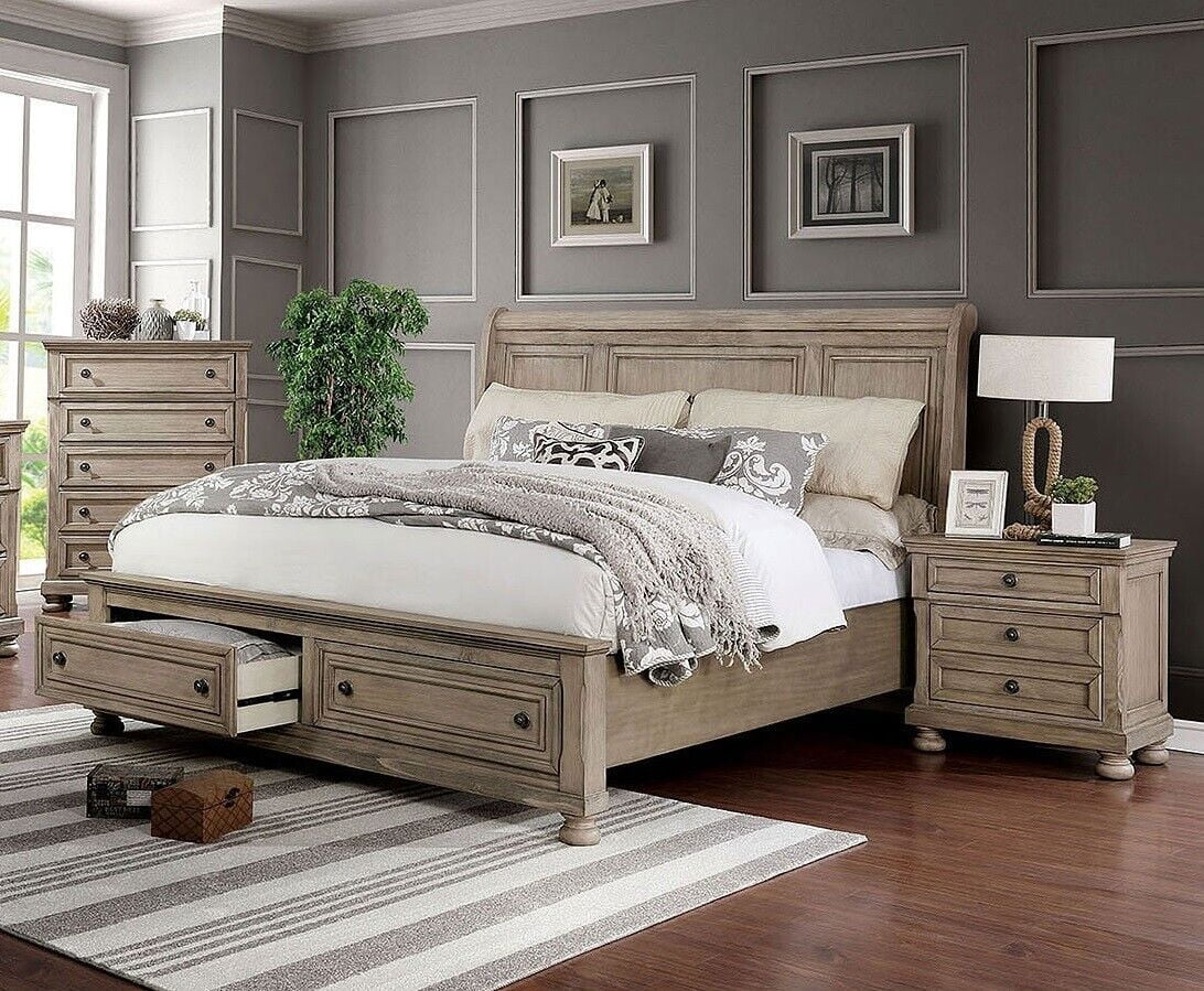 Gray Finish 3pc Bedroom Set Cal King Size Bed 2x Nightstands Transitional Style Footboard Drawers Sleigh Back design Headboard