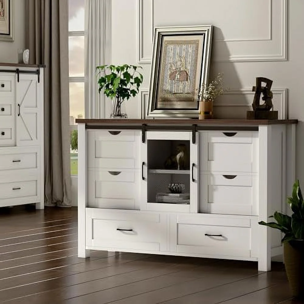 GEROBOOM 48" Farmhouse w/6 Drawers & Sliding Barn Doors White Dressers& Chests of Drawers 6 Drawer Dresser TV Stand for Bedroom Living Room