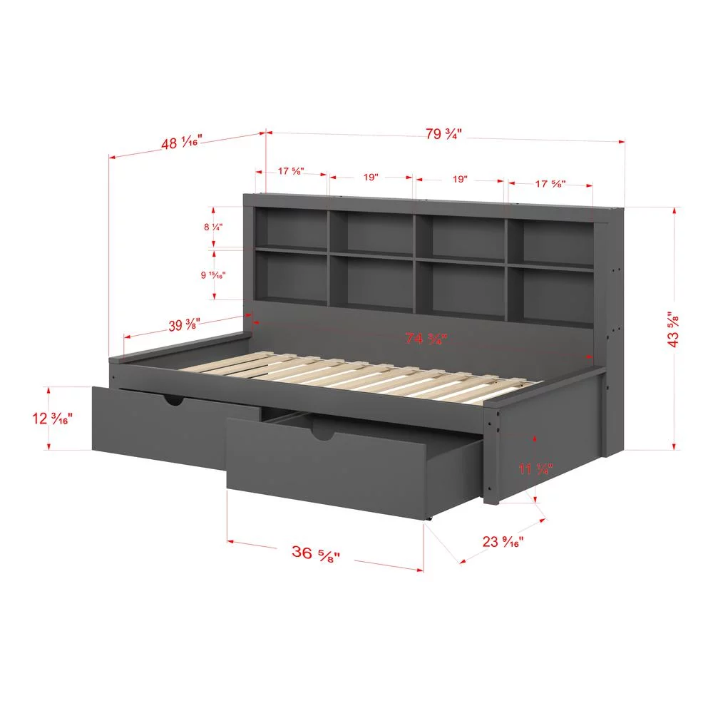 Twin Bookcase Day Bed in Dark Grey w/ Dual Under Bed Drawers