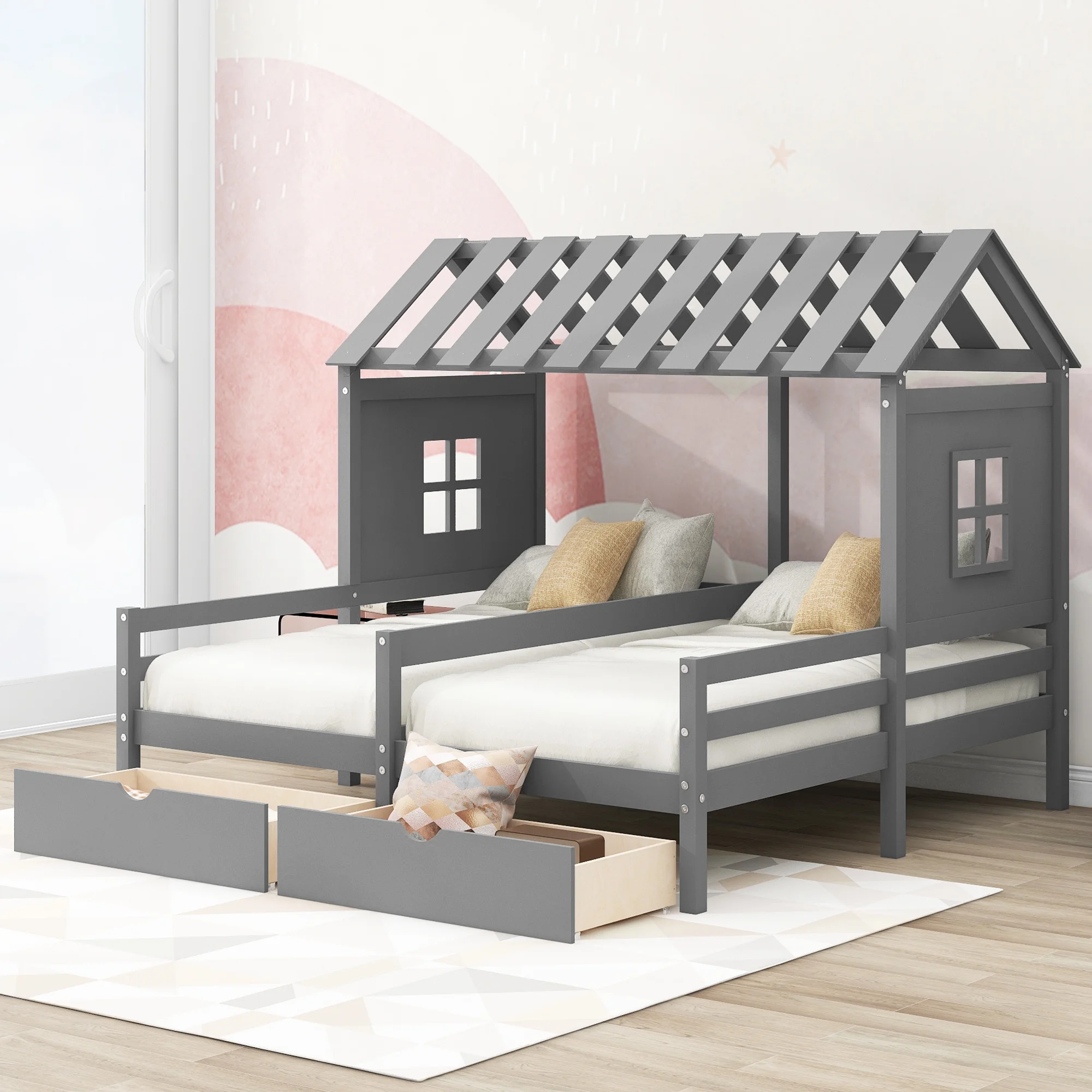 CoSoTower Twin Size House Platform Beds with Two Drawers for Boy and Girl Shared Beds, Combination of 2 Side by Side Twin Size Beds, Gray