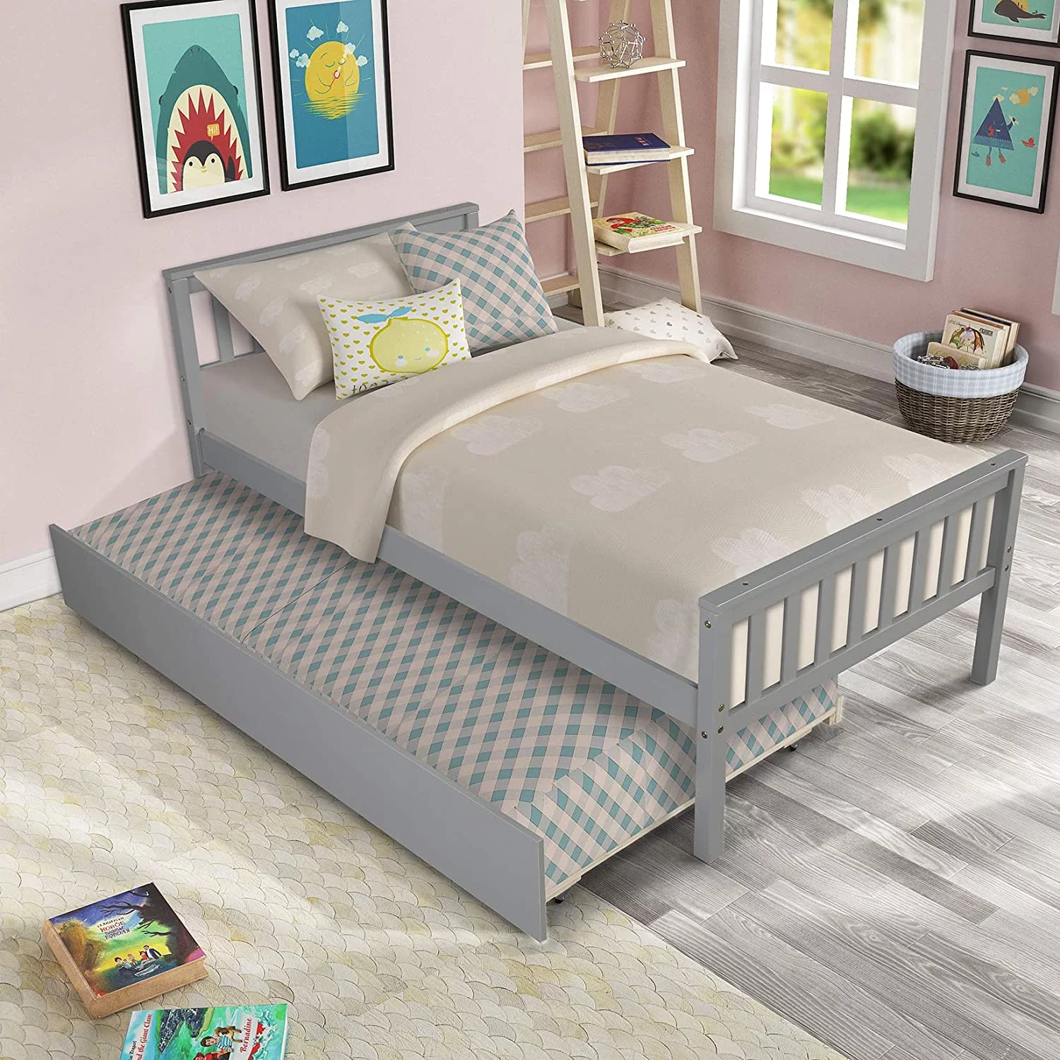 Twin Platform Bed with Trundle & Headboard, Wood Slats Support w/ Footboard for Adults, Teens, Kids Bedroom, No Box Spring Needed, Easy to Assemble, Grey