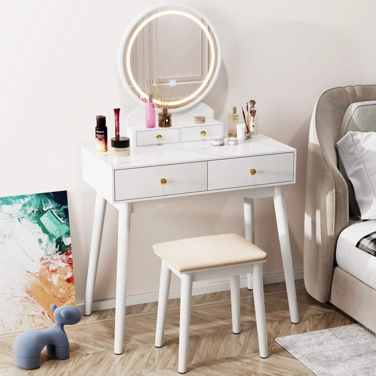 Furmax Vanity Table with Lighted Mirror, Vanity Desk with Stool, Dressing Table with 4 Drawers, Makeup Vanity Set, White Finish, for Bedroom