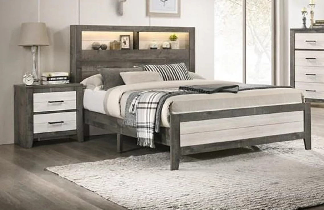 Transitional Style Two-tone Grey White Finish Queen Size 3pc Storage Headboard Platform Bed Nightstand Set Wooden Bedroom Furniture